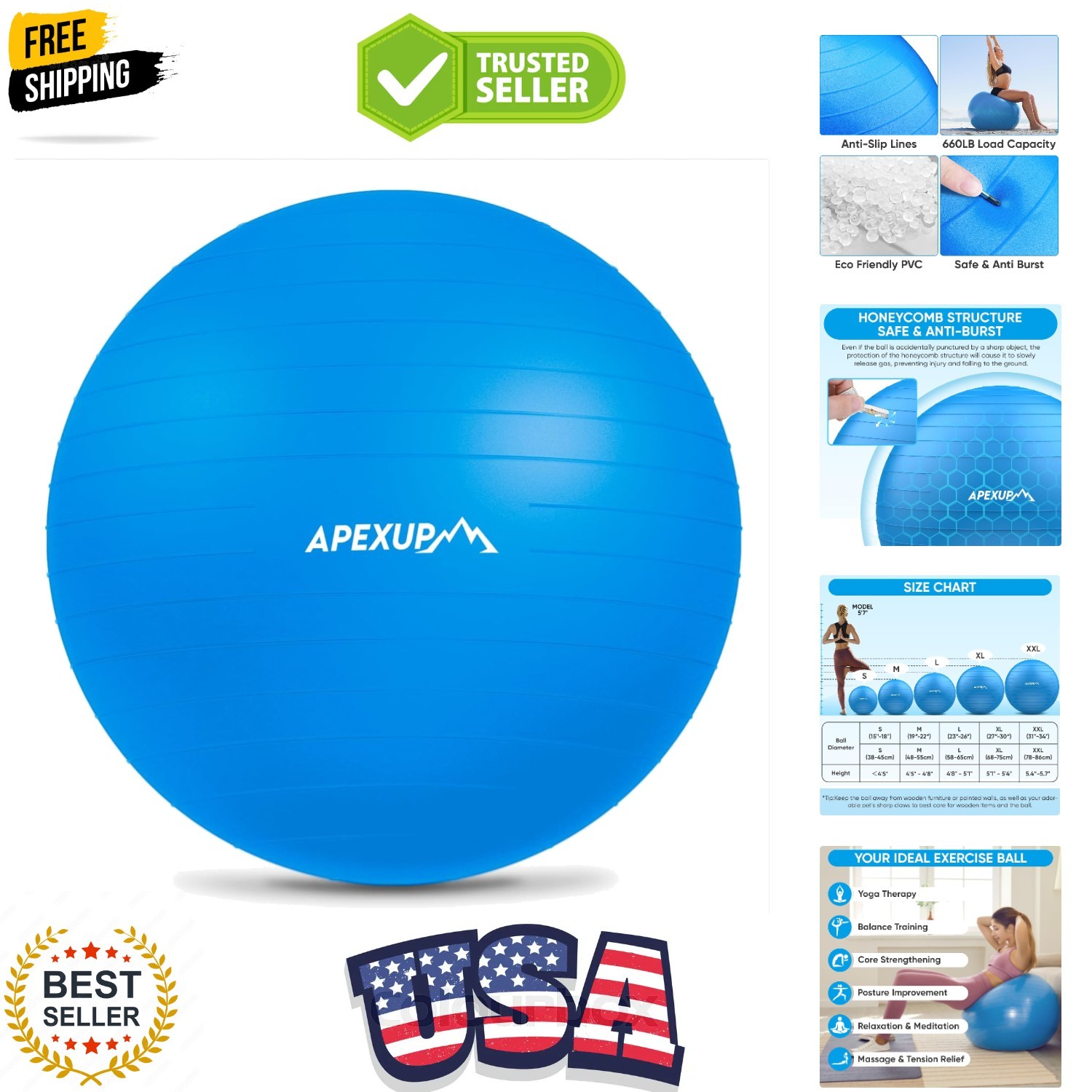 Yoga Ball Exercise Ball Anti Slip Heavy Duty for Fitness, Balance & Core Workout