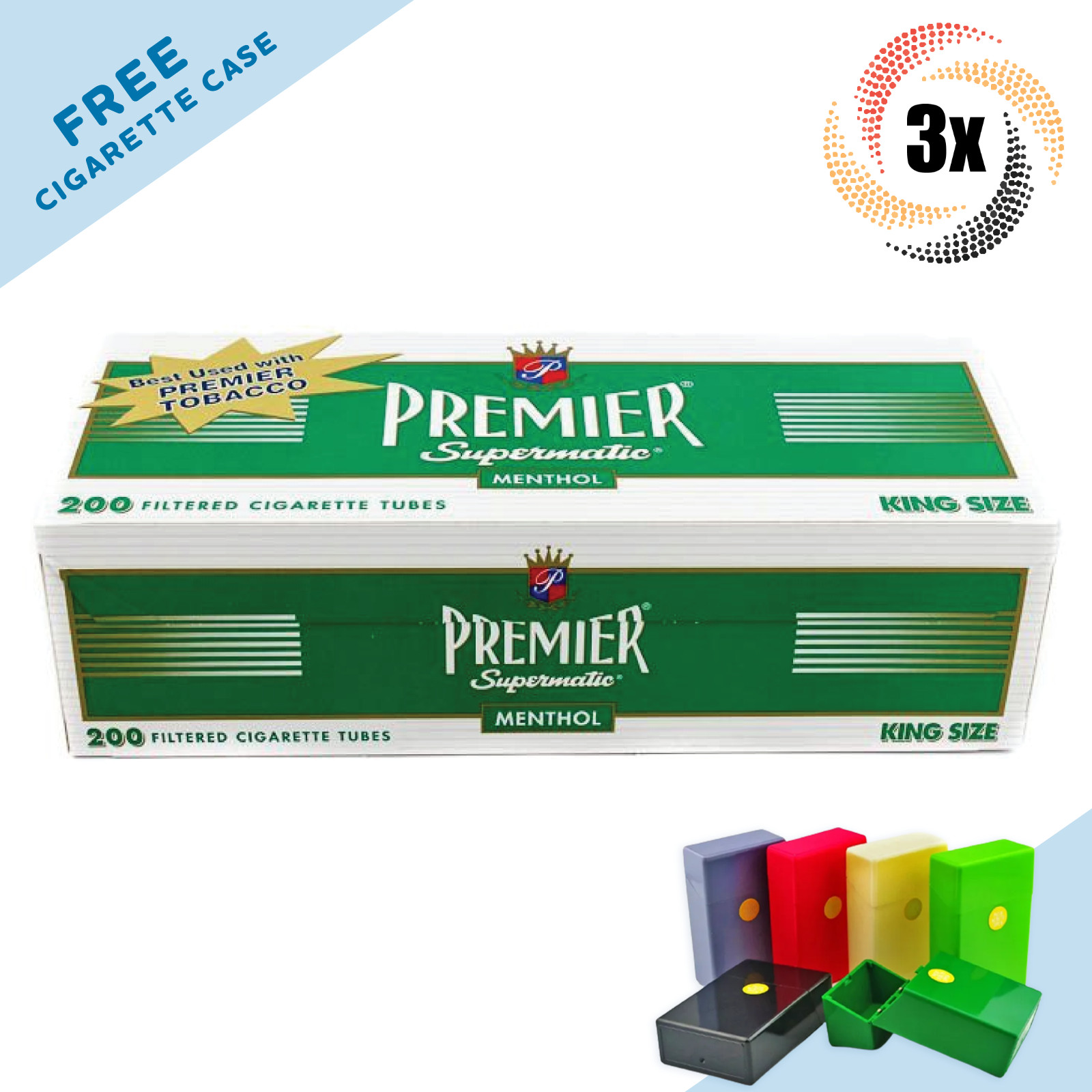 3x Boxes Premier Menthol Green King Size ( 600 Tubes ) Cigarette Tobacco RYO