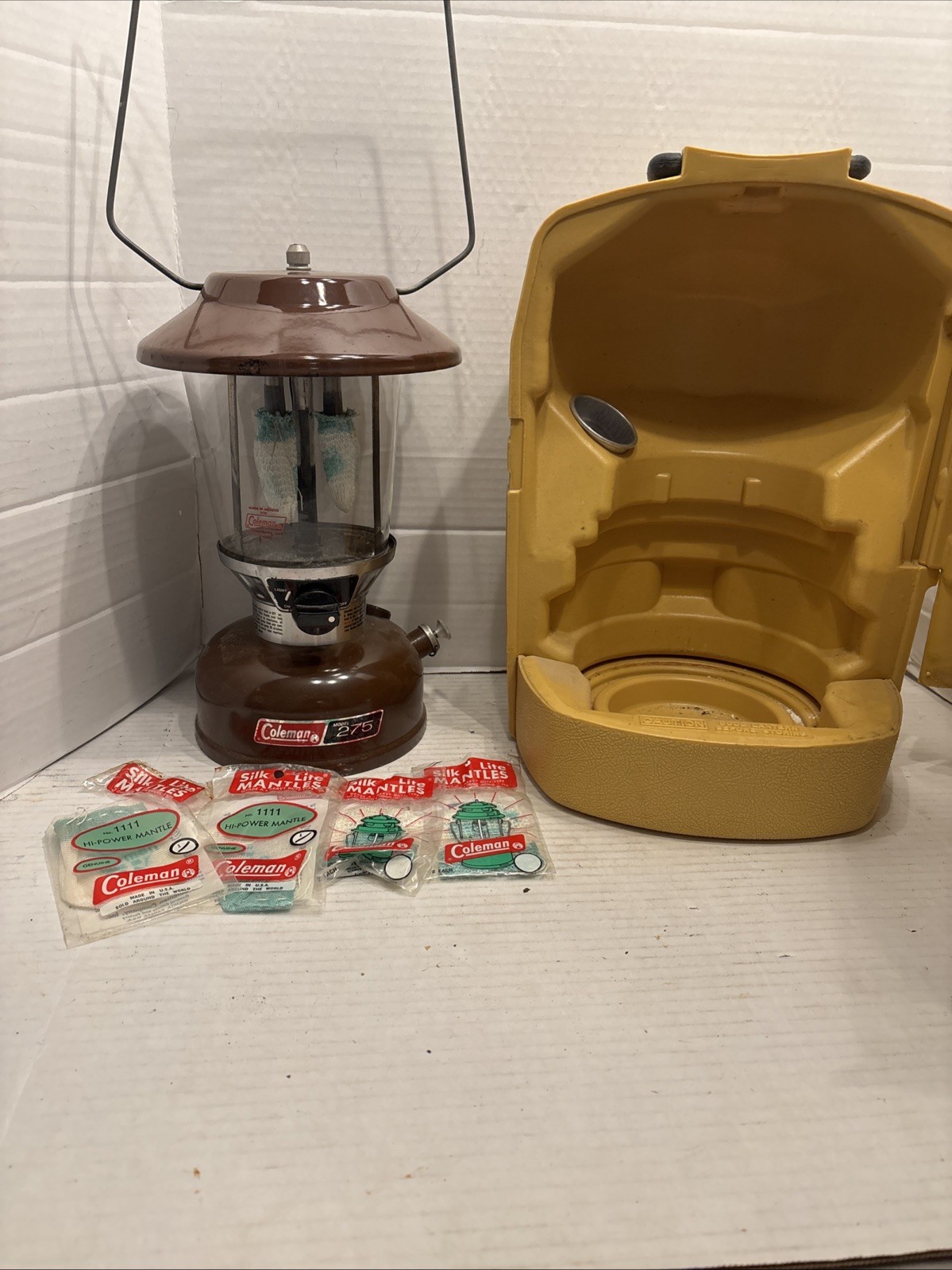 Vintage Coleman Model 275 Brown Lantern & Yellow Clam Shell Case