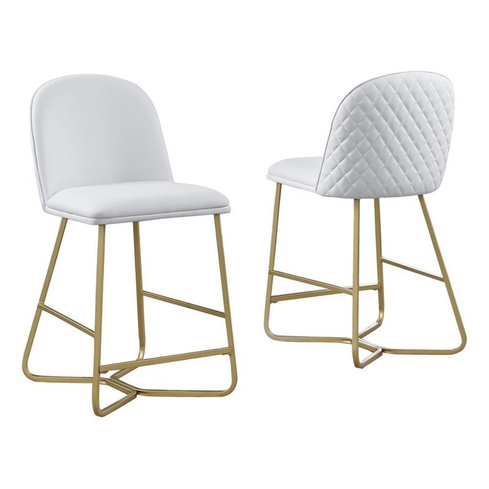 Quilted Back Counterheight Chairs 24" Set of 2 in White Faux Leather and Gold