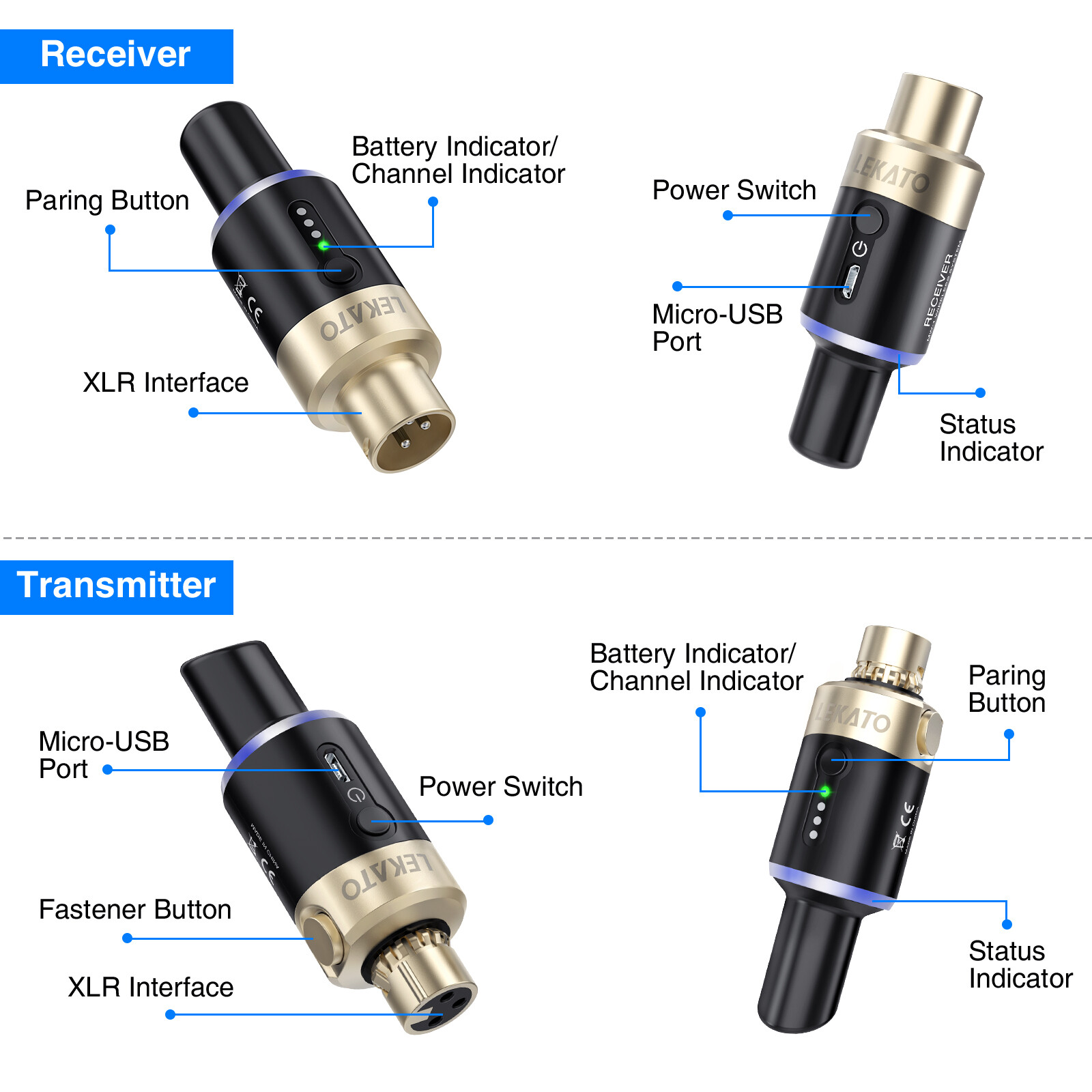 LEKATO 5.8G Wireless Microphone Transmitter Receiver System XLR Plug On 100ft