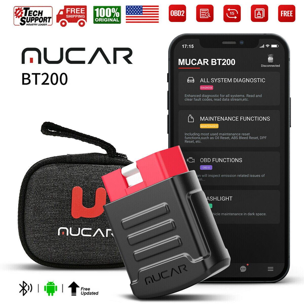 USED MUCAR BT200 All System Diagnostic Scanner Full OBD2 Modes Tester 15+Resets