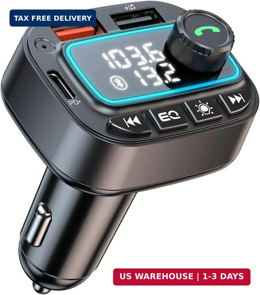 Bluetooth 5.3 Car Adapter FM Transmitter, 42W (PD30W & 12W) USB Small, Black