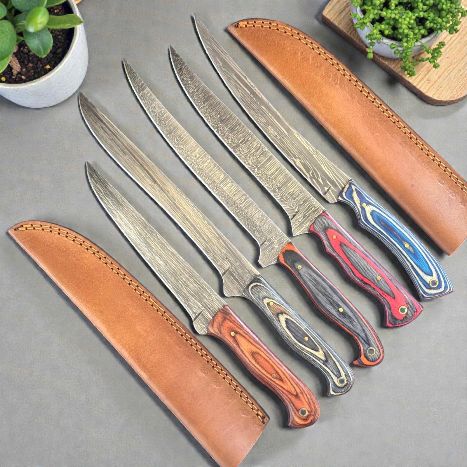 Lot of 5 | Fillet Knives | Damascus Steel | Pakka Wood Handle | Handmade | D237