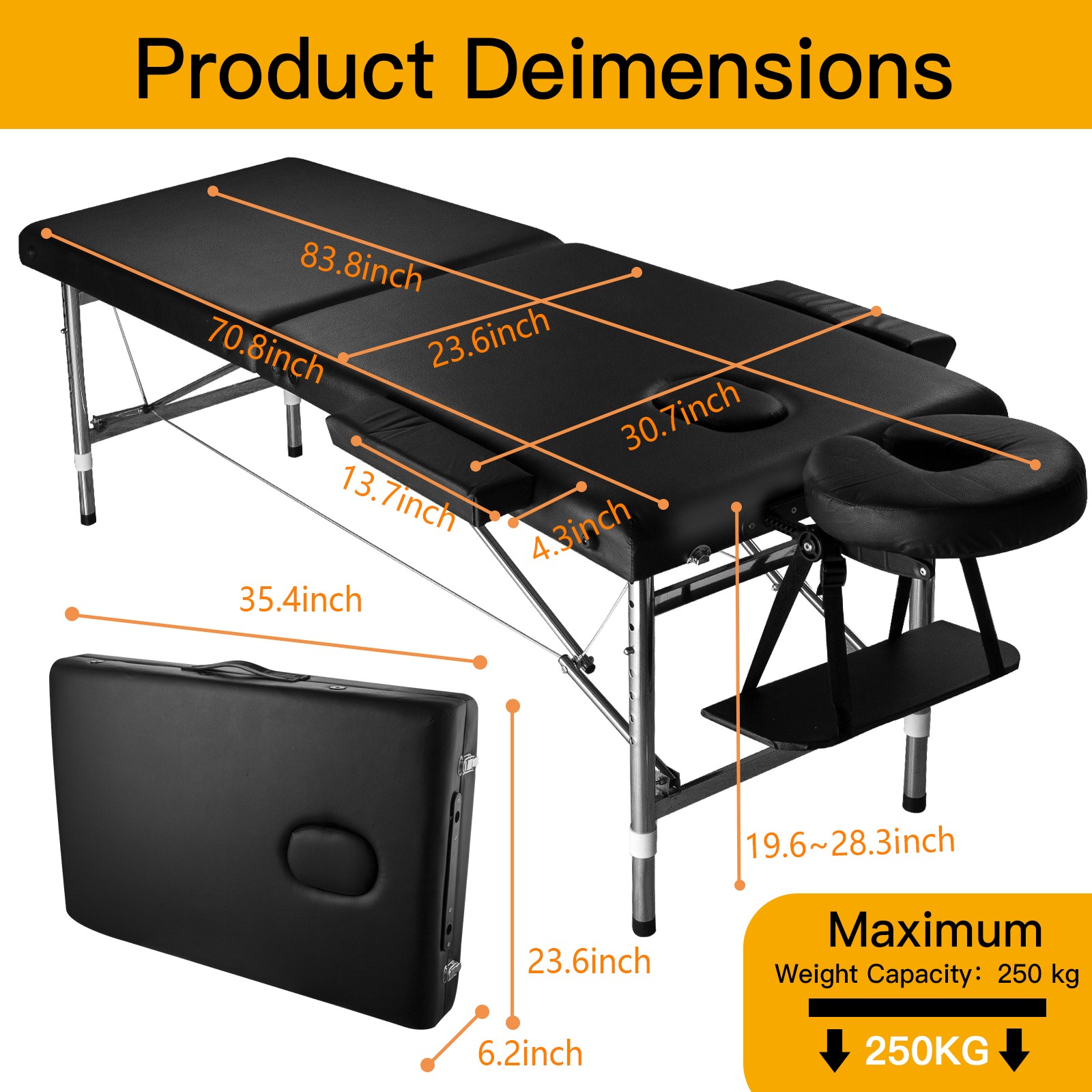 84" Professional Metal Massage Table Adjustable Height, Portable With Carry Case