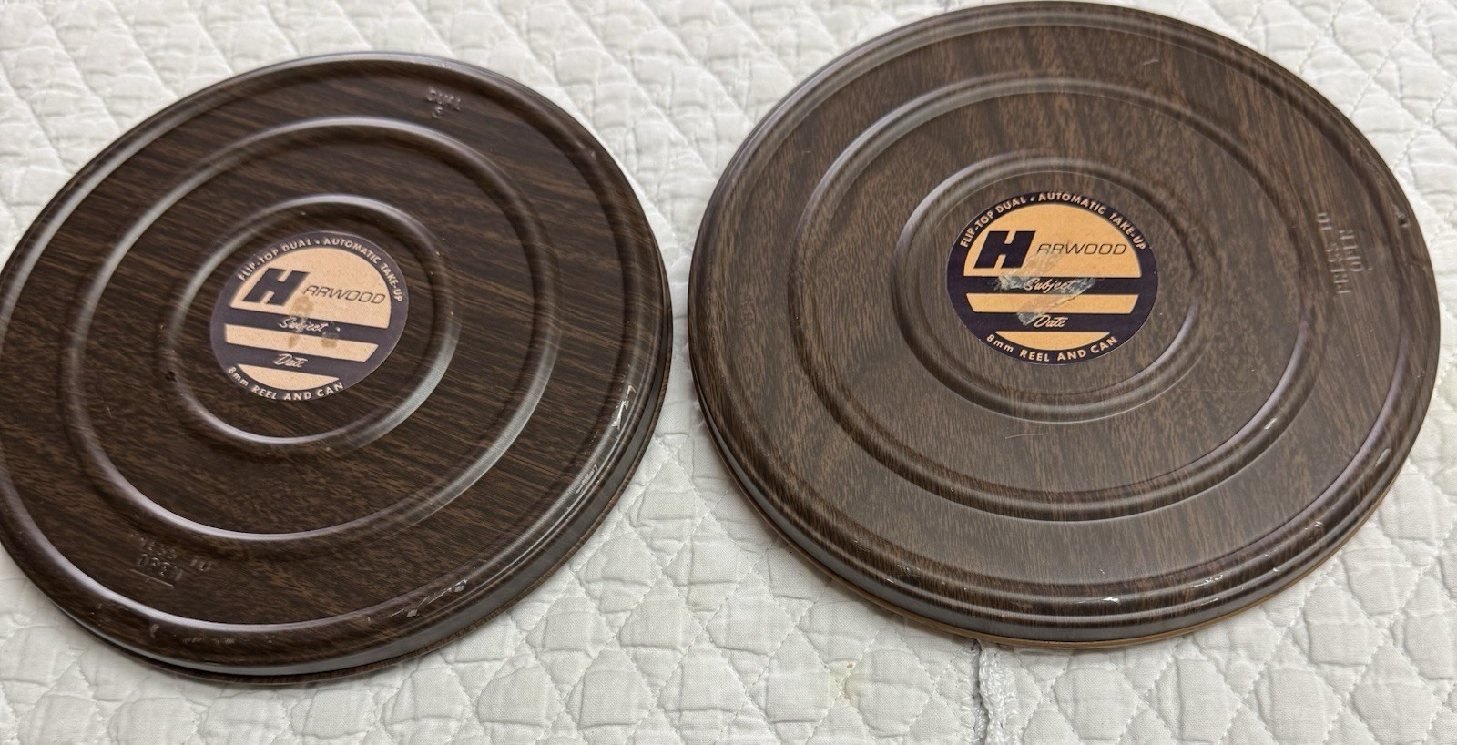 Lot Of 2 Hardwood 8 mm Film Reel And Can 5” Metal Woodgrain Wood Look Cases