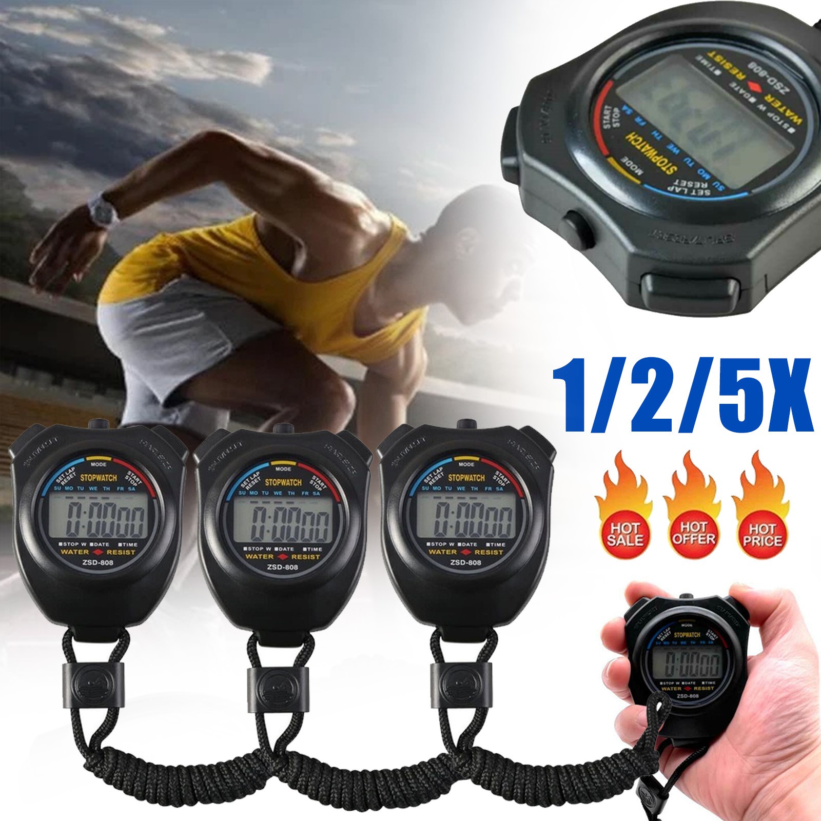 Multi-Function Electronic Digital Sport Stopwatch Timer, Large Display & Date US