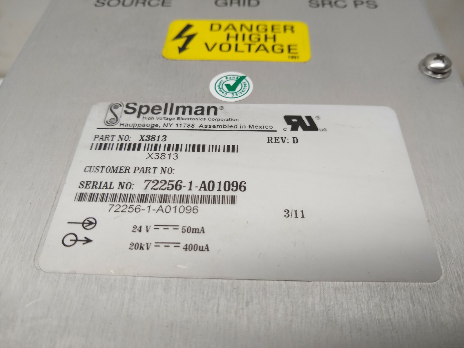 Spellman X3813 20kV High Voltage Power Supply Switch Box 400uA