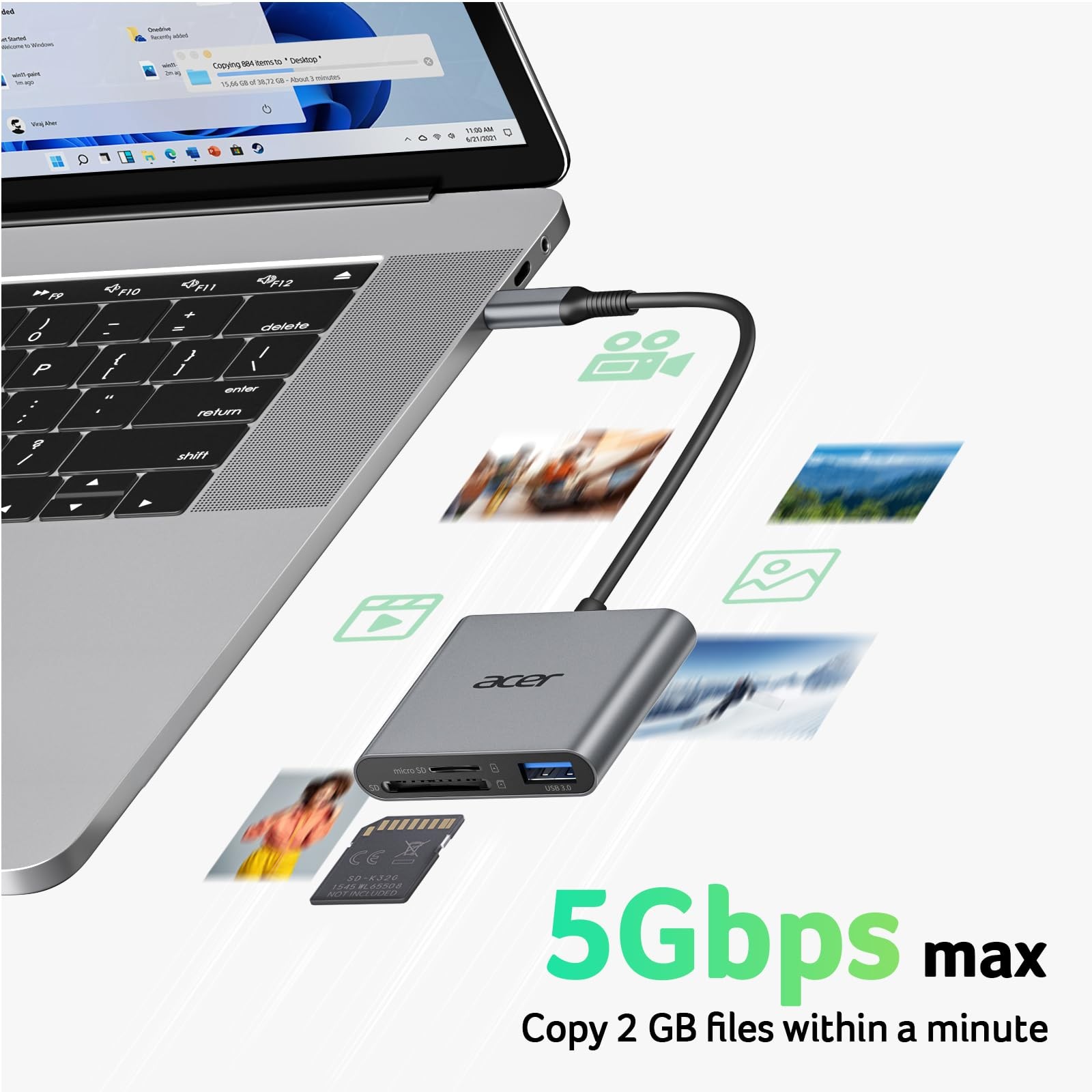 Acer SD Card Reader USB C, 3 in 1 Memory Card Reader with Dual Slots & USB 3....
