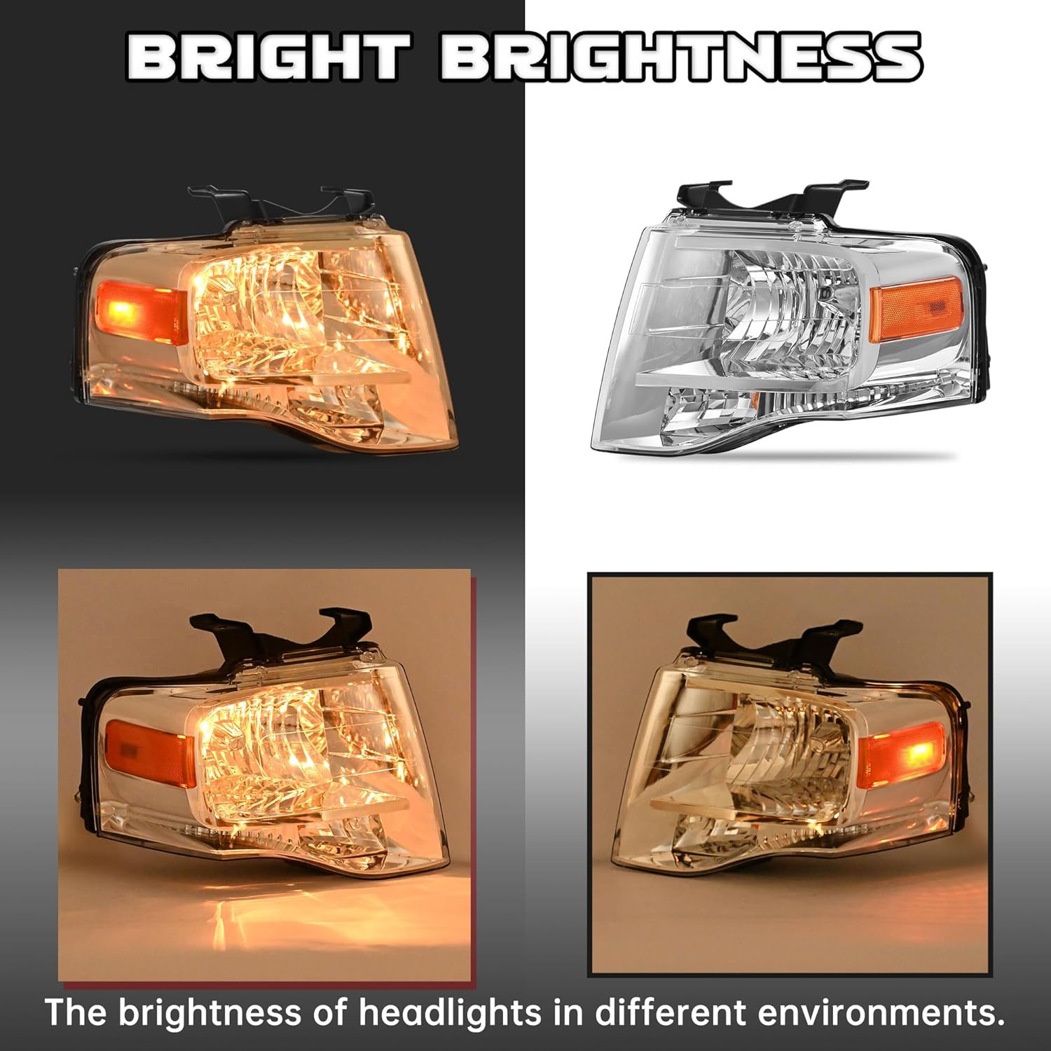 Pair Headlight Compatible with 2007-2014 Ford Expedition, Halogen Headlamp Front