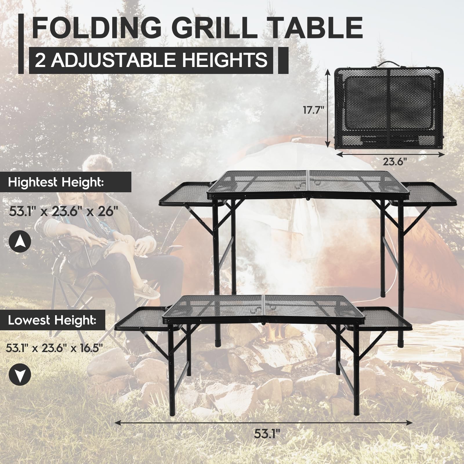 Folding Grill 4.4 FT Portable Camping Table with 2 Wing Panels, Height Adjust...