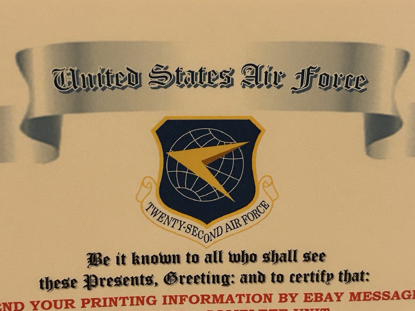 U.S. AIR FORCE / TWENTY-SECOND AIR FORCE - OUTSTANDING UNIT AWARD CERTIFICATE