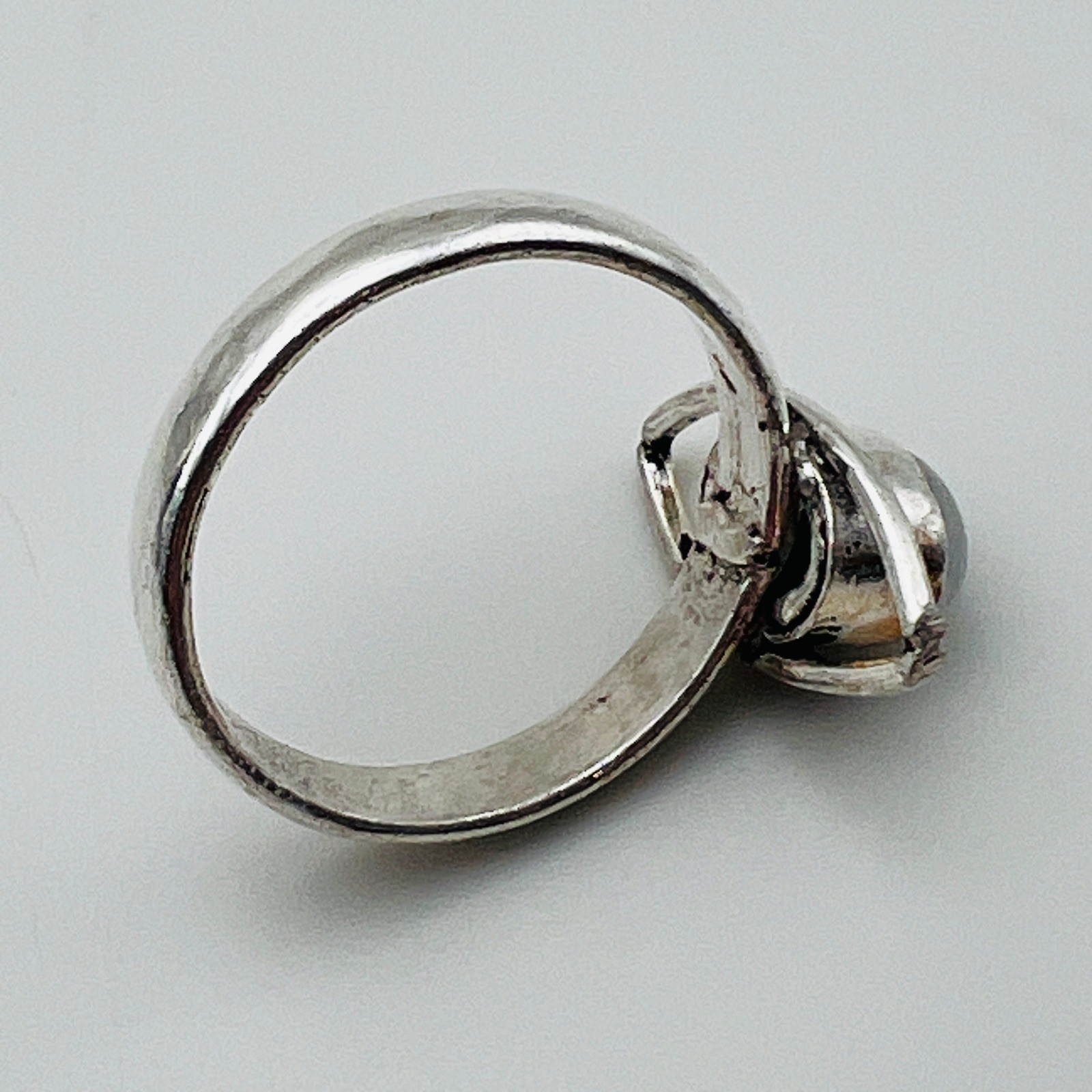 Silver Tone Ring Oval White Cabochon Modern Artisan Boho Statement Size 9 1/4