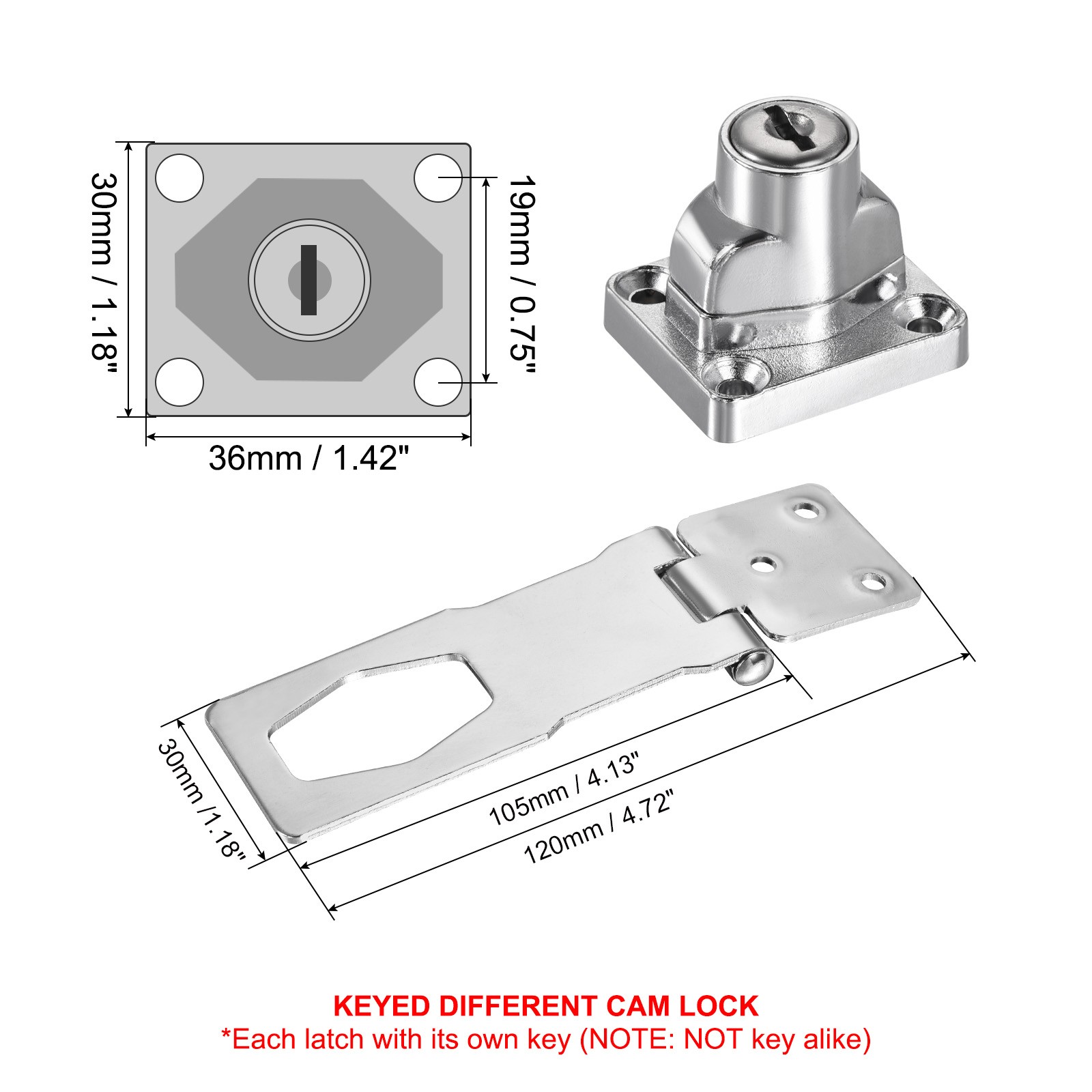 4Inch Keyed Hasp Locks Twist Knob Locking Keyed Different, Silver