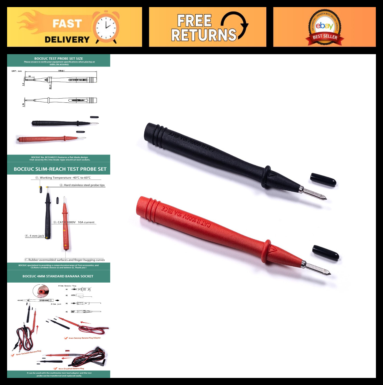 Slim Reach Flat Blade Test Probe Set, Stainless Steel Tips, 1000V, 10A, Multimet