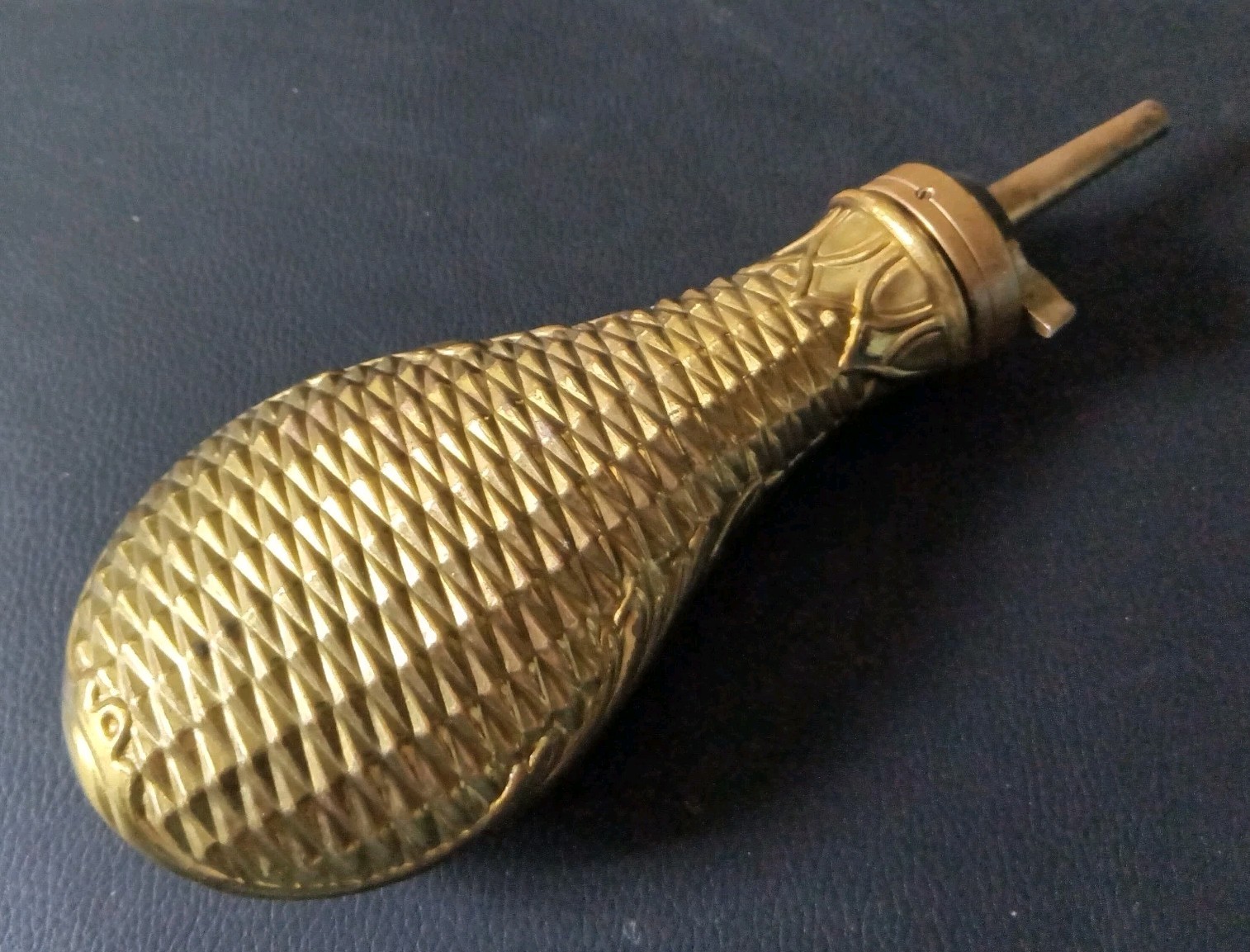 Vintage Black Powder Flask Brass Embossed