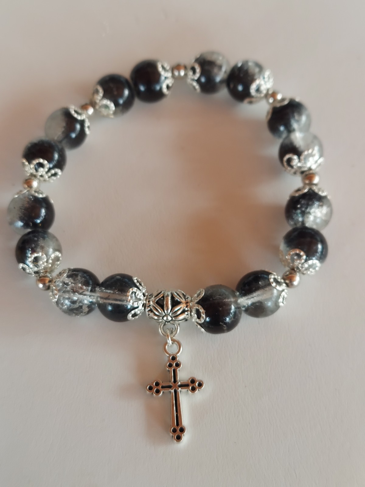 Handcrafted Beautiful Black Crackle Beaded Bracelet With A Cross Charm