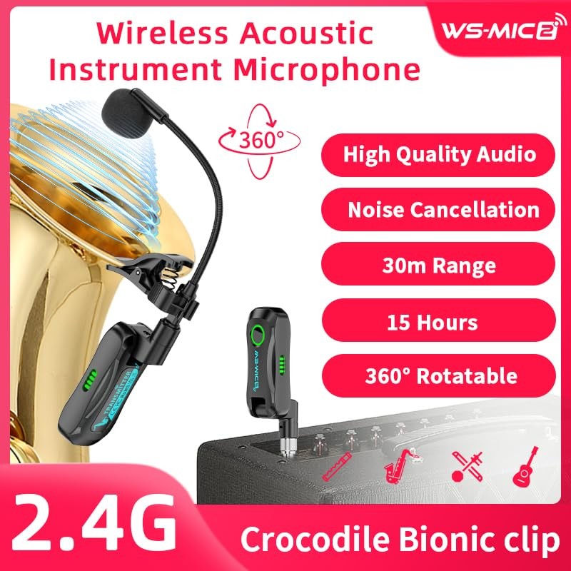 Wireless Saxophone Microphone System, Clip-On Instrument Mic for Black