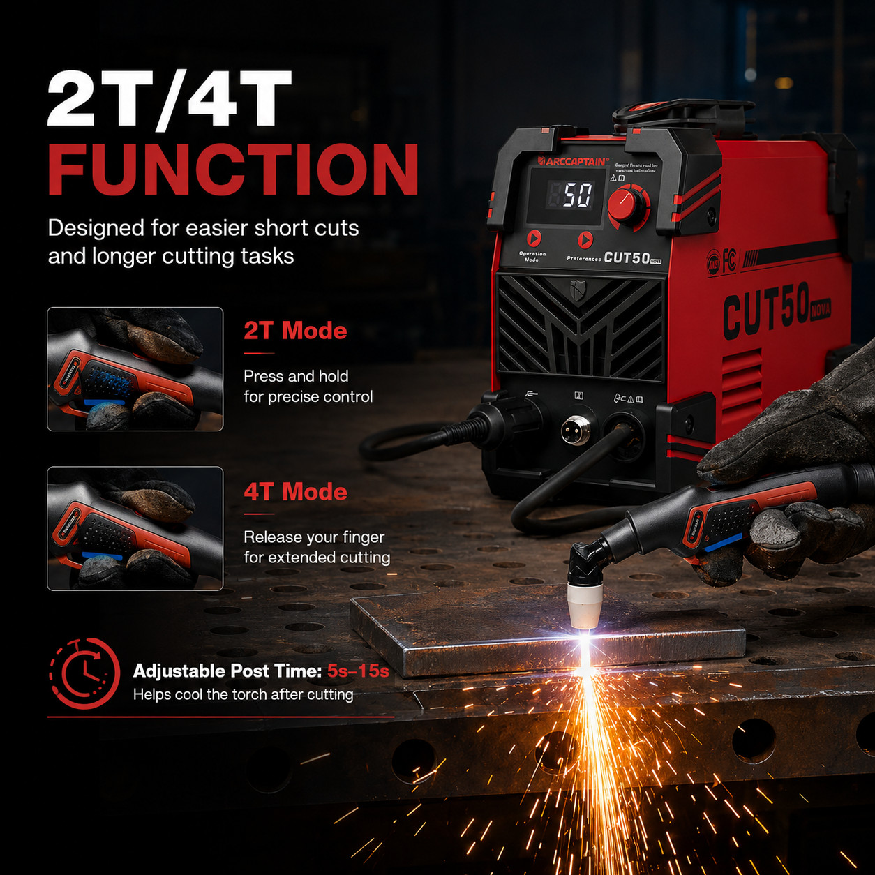 ARCCAPTAIN Plasma Cutter 50Amp 1/2" Clean Cut with Large LED Display IGBT 2T/4T