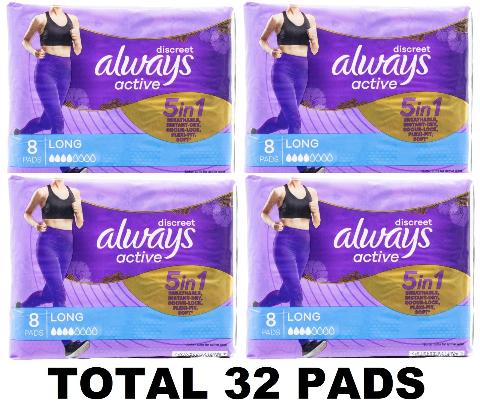 32 x ALWAYS ACTIVE PADS DISCREET 5 IN 1 LONG BRAND NEW (4 x PK8)