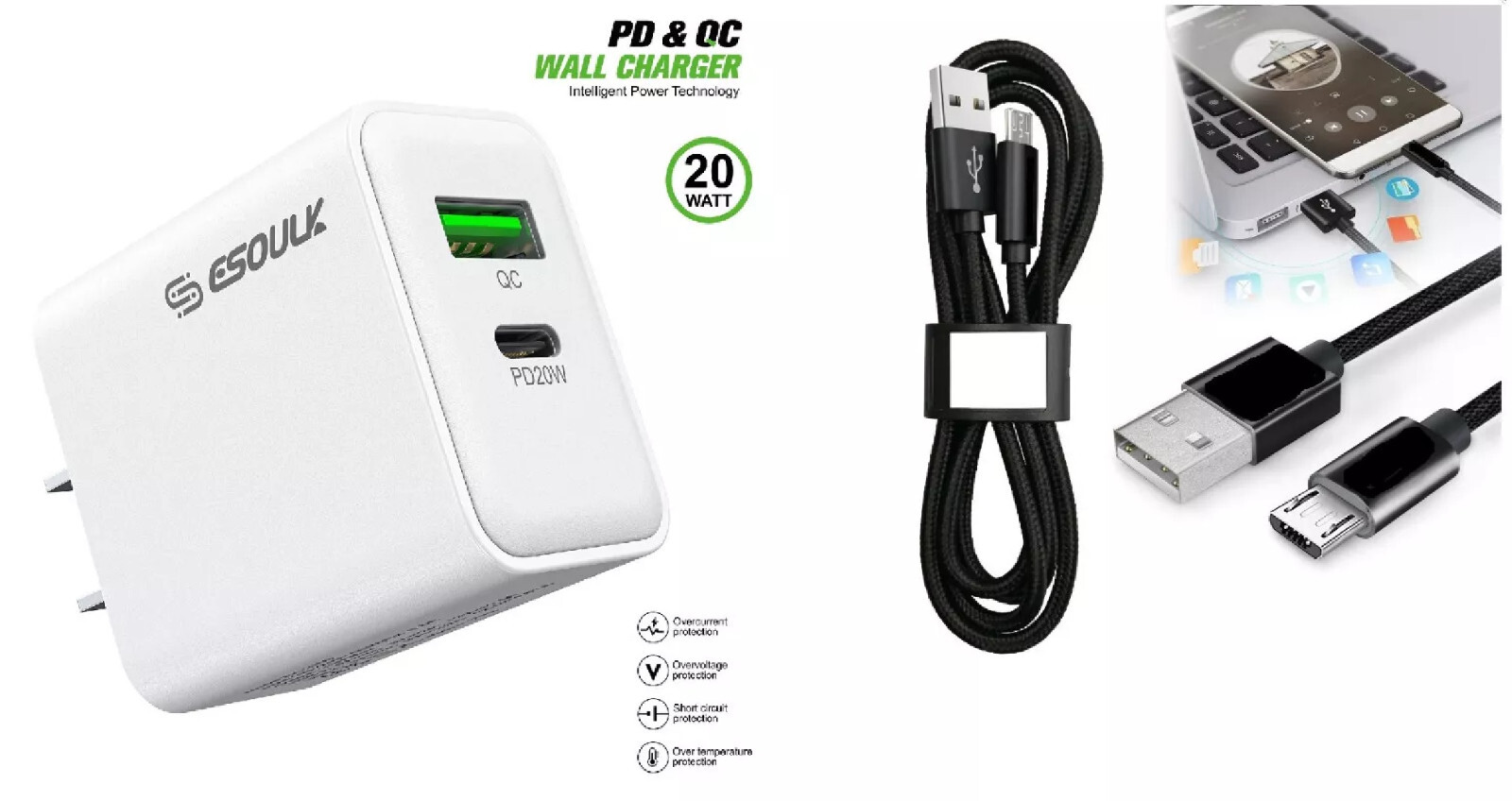 For LG Rebel 4 LML212VL / LML211BL 20W PD Wall Charger + 3FT Mirco USB