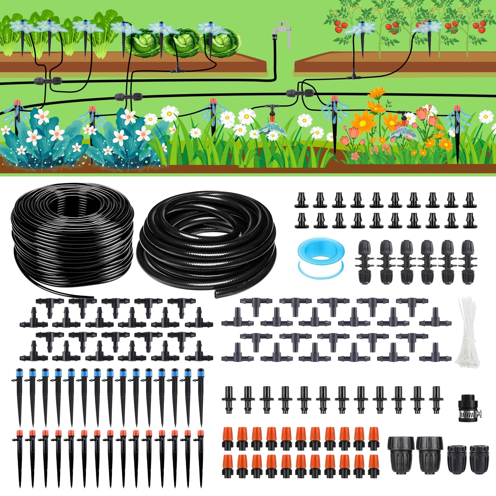 HEKIWAY 256FT Automatic Drip Irrigation System Kit,Automatic Garden