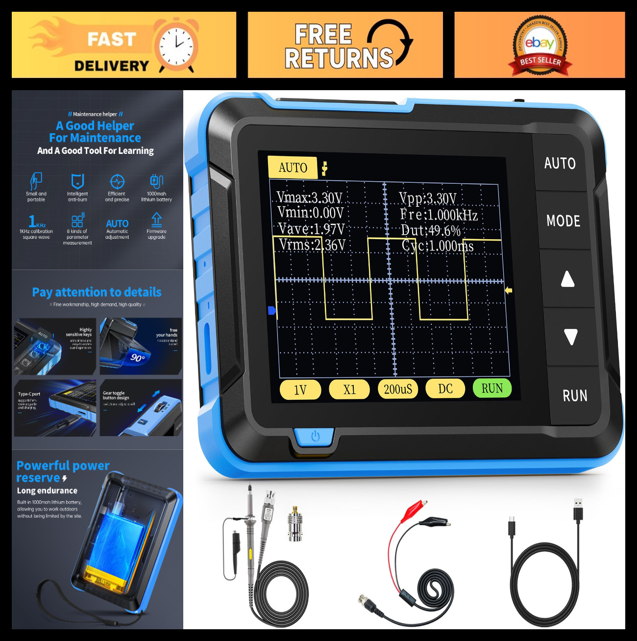 Handheld Digital Oscilloscope 2.8" TFT, 200KHz Bandwidth, 2.5MS/s, Portable Kit