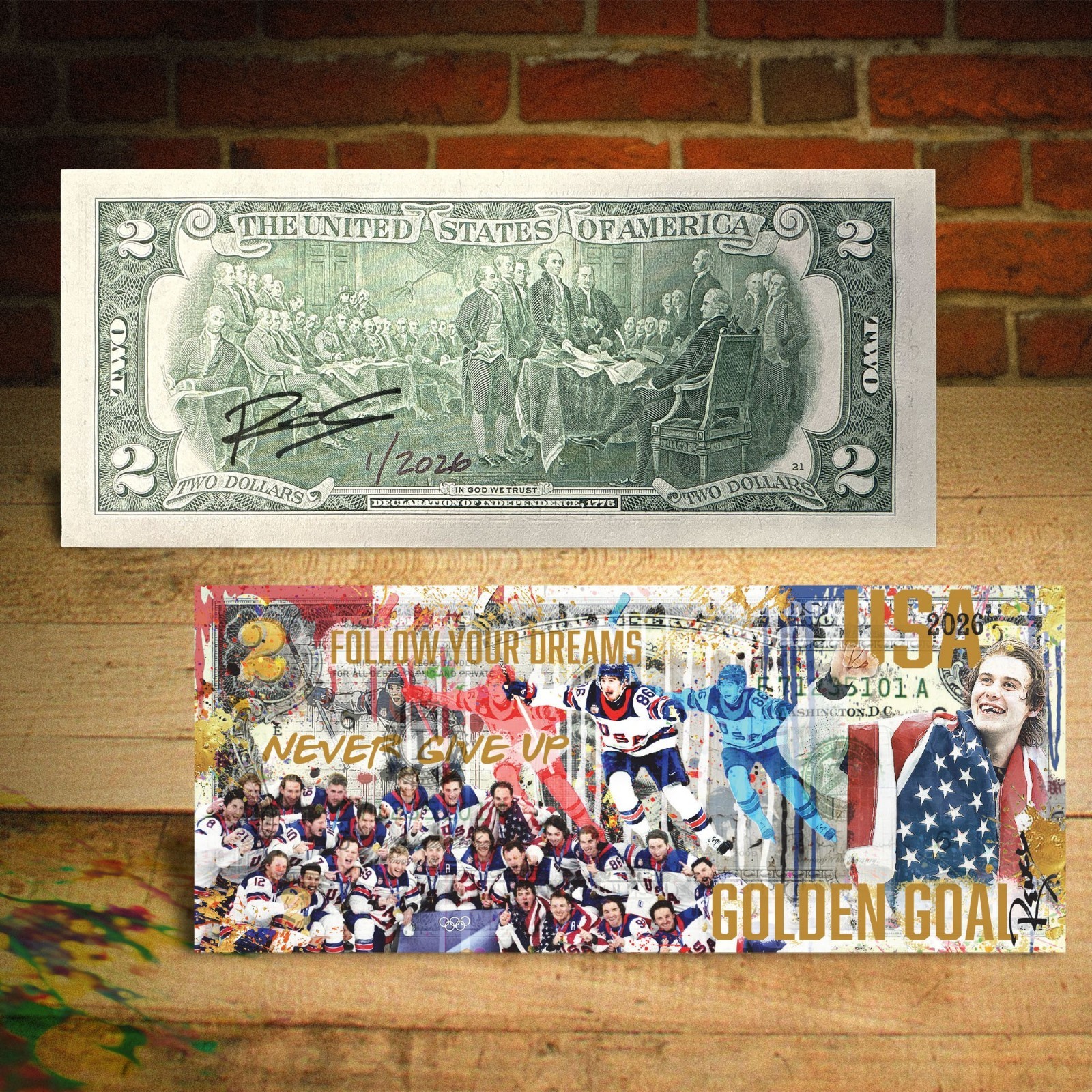 USA Hockey Gold Medal GOLDEN GOAL Genuine $2 Bill Signed by Rency S/# of 2026