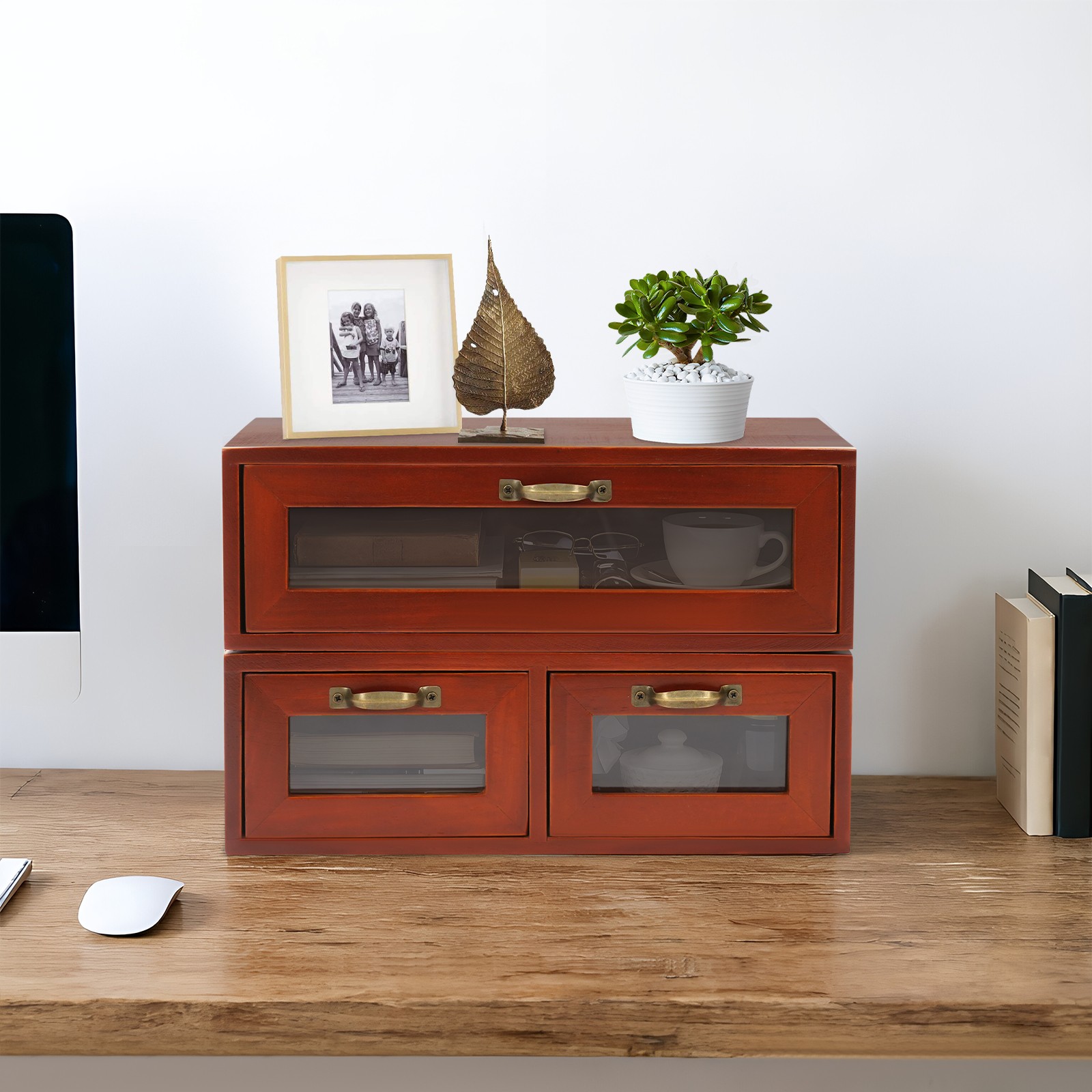 Stackable Wooden Storage Cabinets, 2 Desktop Organizing Cabinets with 3 Drawers