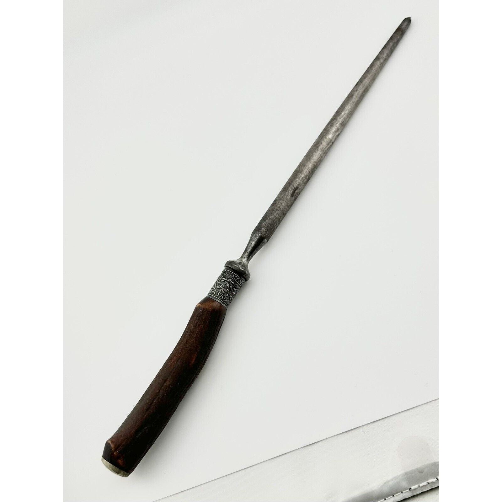 Vintage Honing Rod Knife Sharpener 13.5 Inch Unique Wood Handle Leaf Design READ