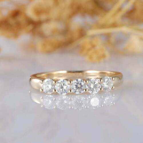 1CT Round Real Moissanite 5-Stone Wedding Band Ring 14k Yellow Gold Plated