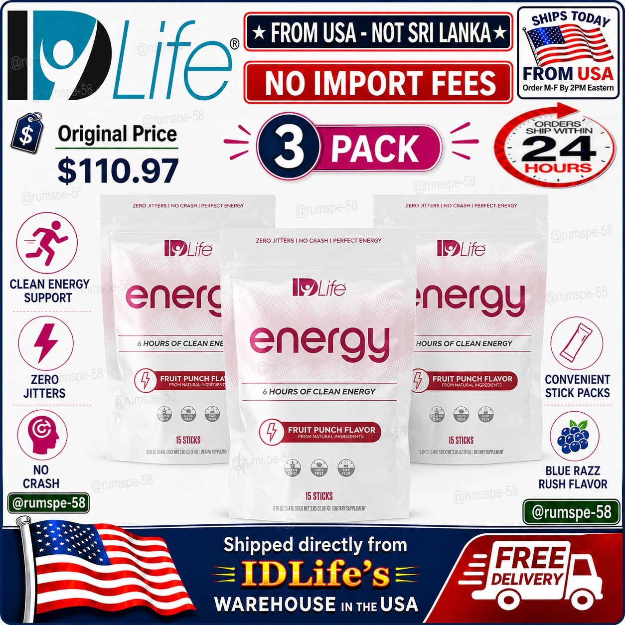 IDLife Energy Drink Mix - All Flavor - 3 Pack 45 Packets New/Sealed🔥US Seller🔥