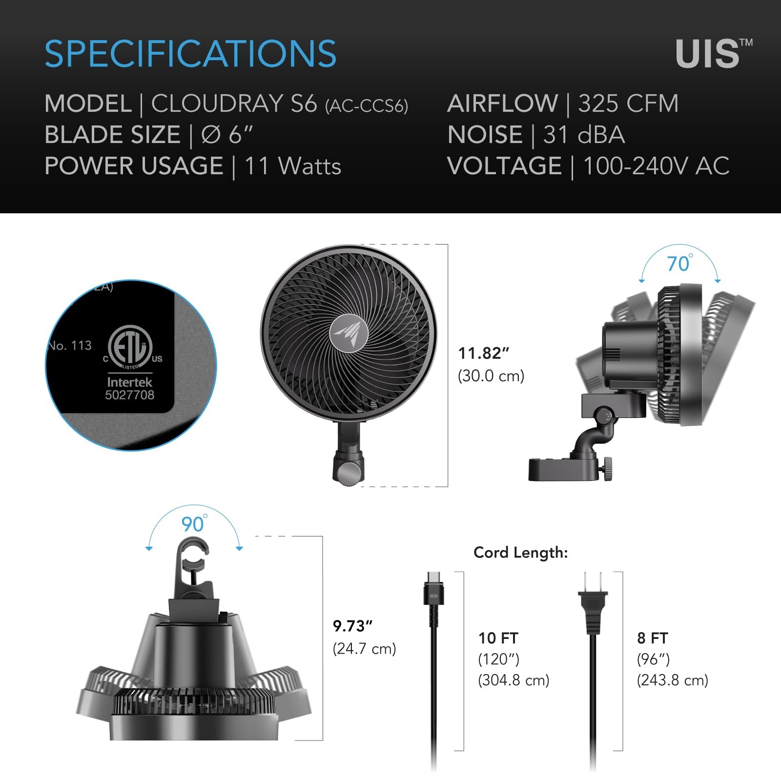AC Infinity CLOUDRAY S6, Grow 6", Auto Oscillation, Black, Oscillation