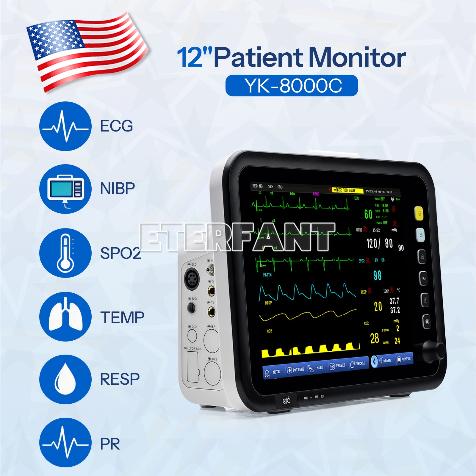 12" YK8000C Vital Signs Patient Monitor ECG NIBP SPO2 TEMP RESP PR ICU Hospital