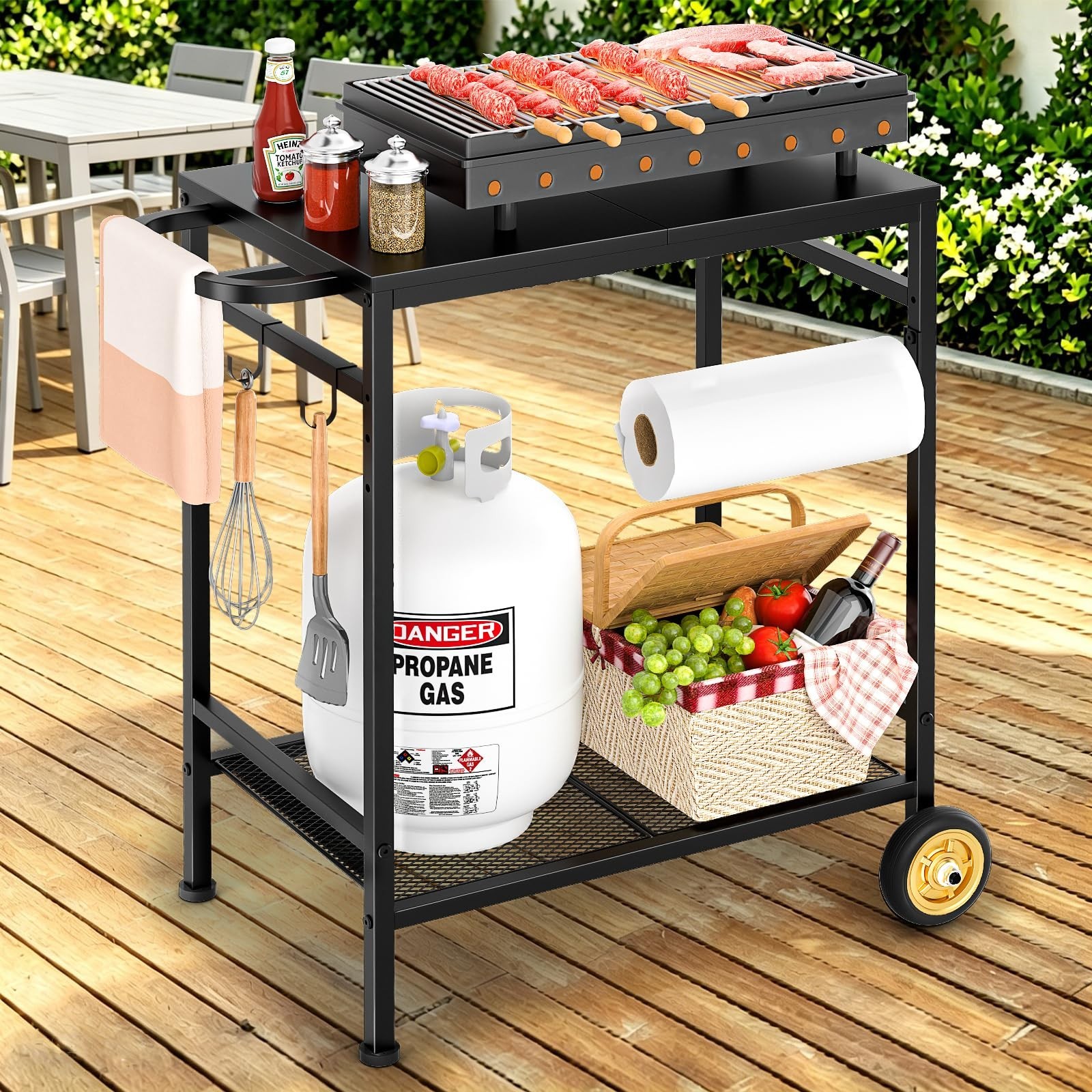 2-Tier Outdoor Grill Table with Wheels, Movable BBQ Prep Station, Rust-Resistant