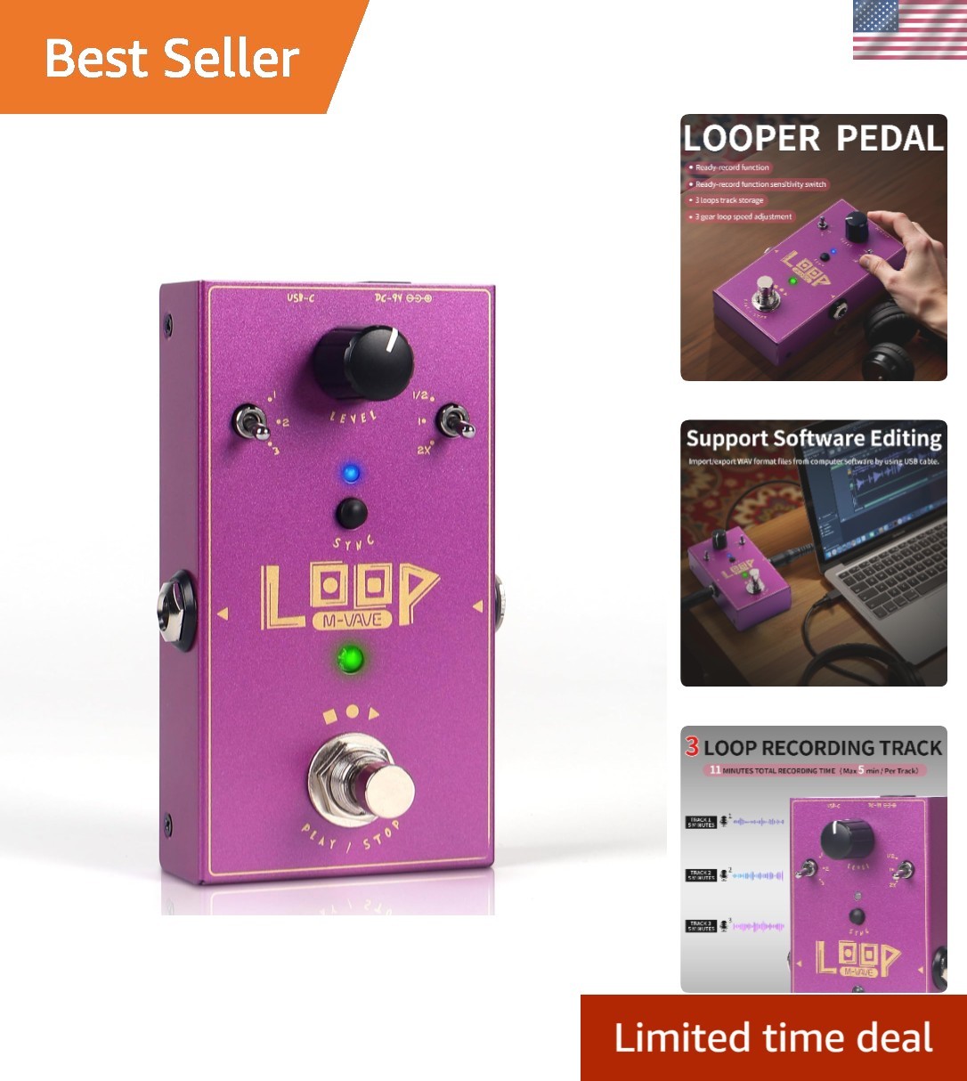 Loop Pedal for Electric Guitar,Stereo Looper Pedal with 3-Gear Speed Control,...