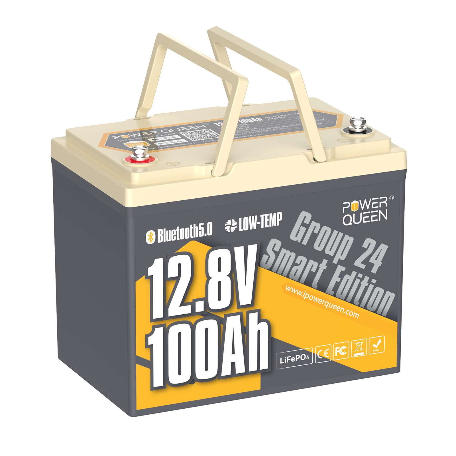 Power Queen 12V 100Ah Smart Bluetooth Group 24 LiFePO4 Battery for Solar RV Boat