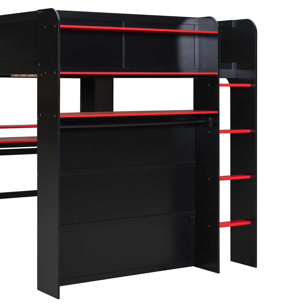 Full Size Bunk Bed with Desk, RGB Lights, Wardrobe, Storage for Gaming Setup