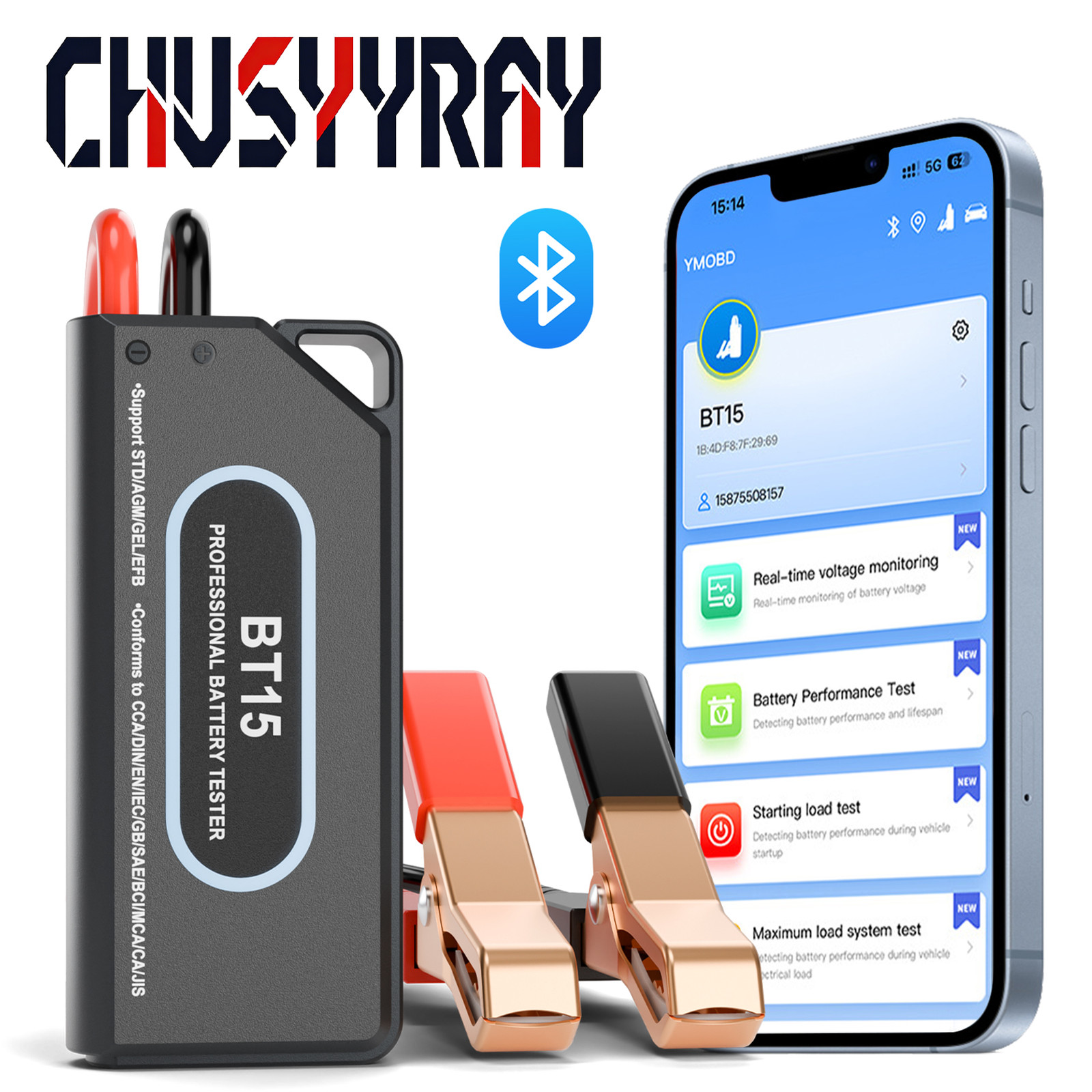 Professional Bluetooth Battery Tester 12V 24V Auto Battery Health Tester BT15