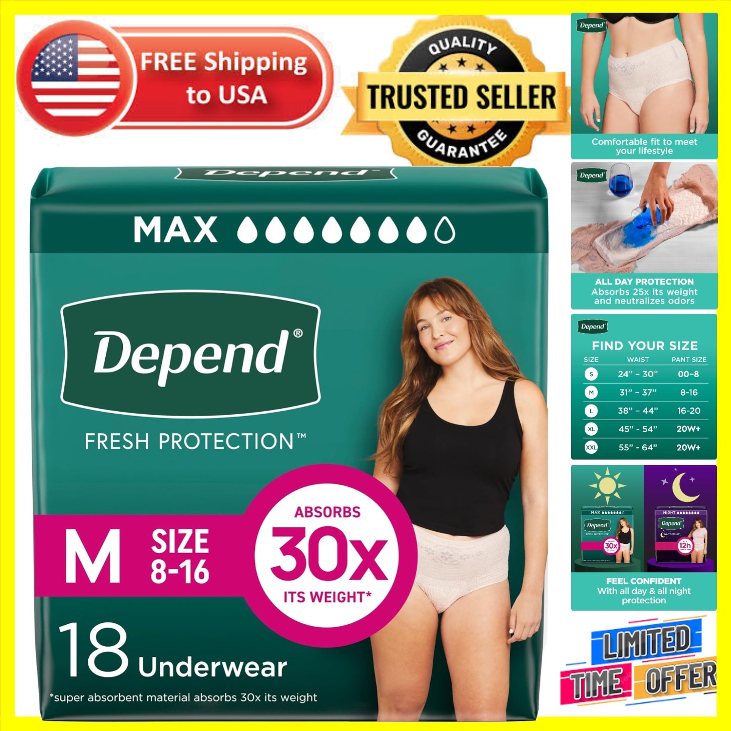 18 Count Fresh Protection Adult Diapers for Women - Super Absorbent & Latex Free