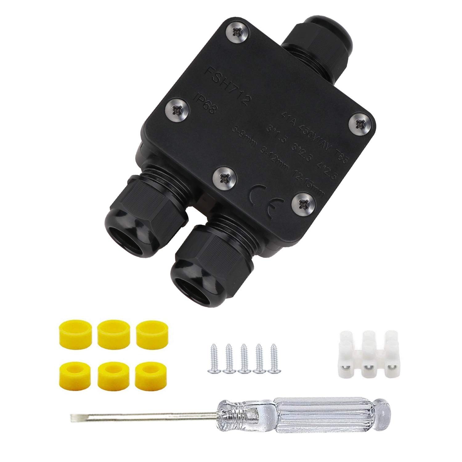 Helunsi Waterproof Junction Box 3 Way, IP68 External Small, Black-1 Pack