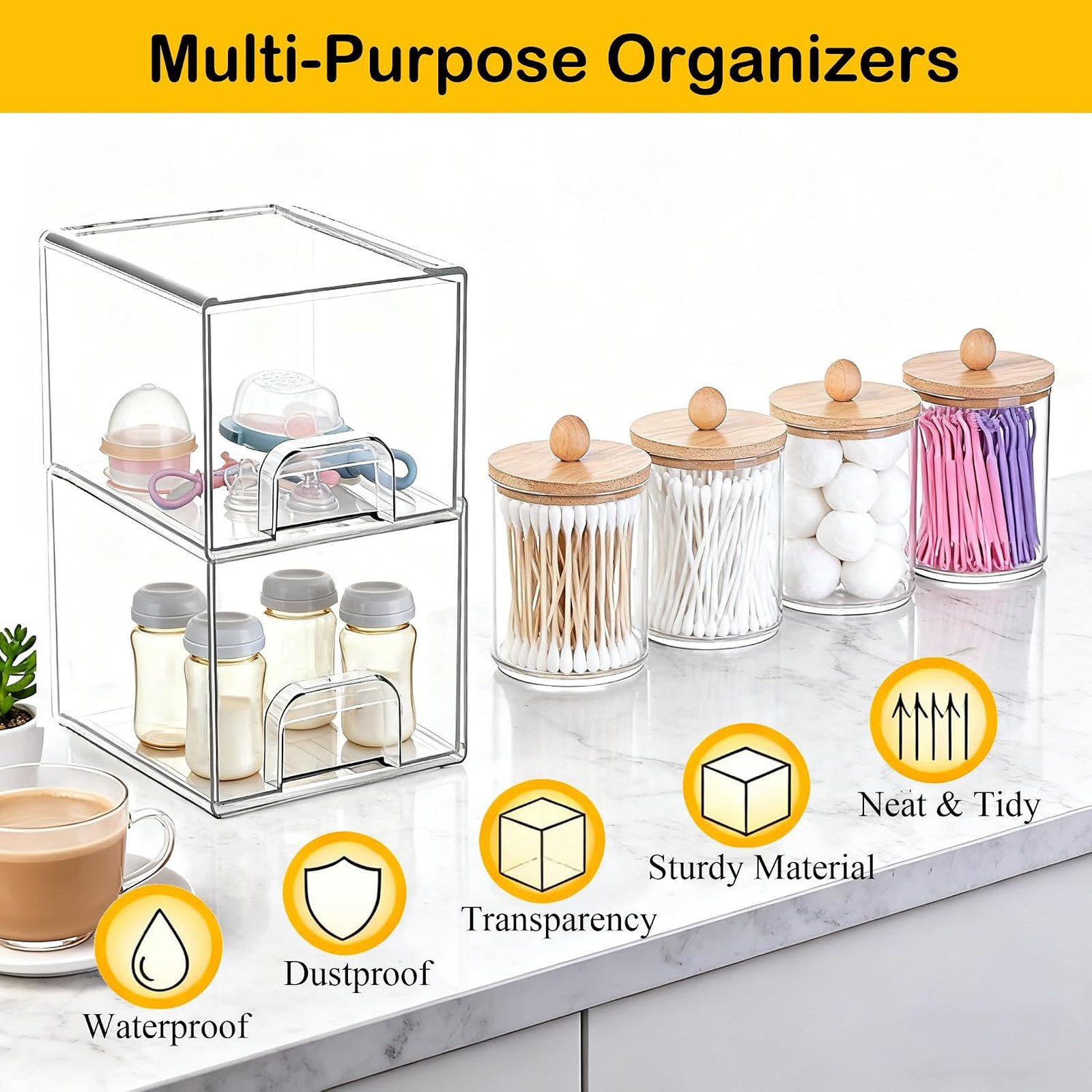 6 Pack Clear Stackable Storage Drawers & Qtip Holder Dispenser with Bamboo Lids