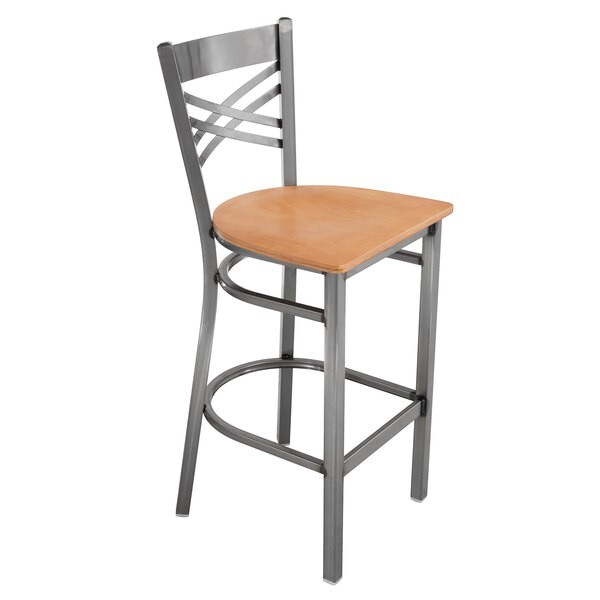 Cross Back Clear Coat Metal Restaurant Barstool With Natural Wood Seat