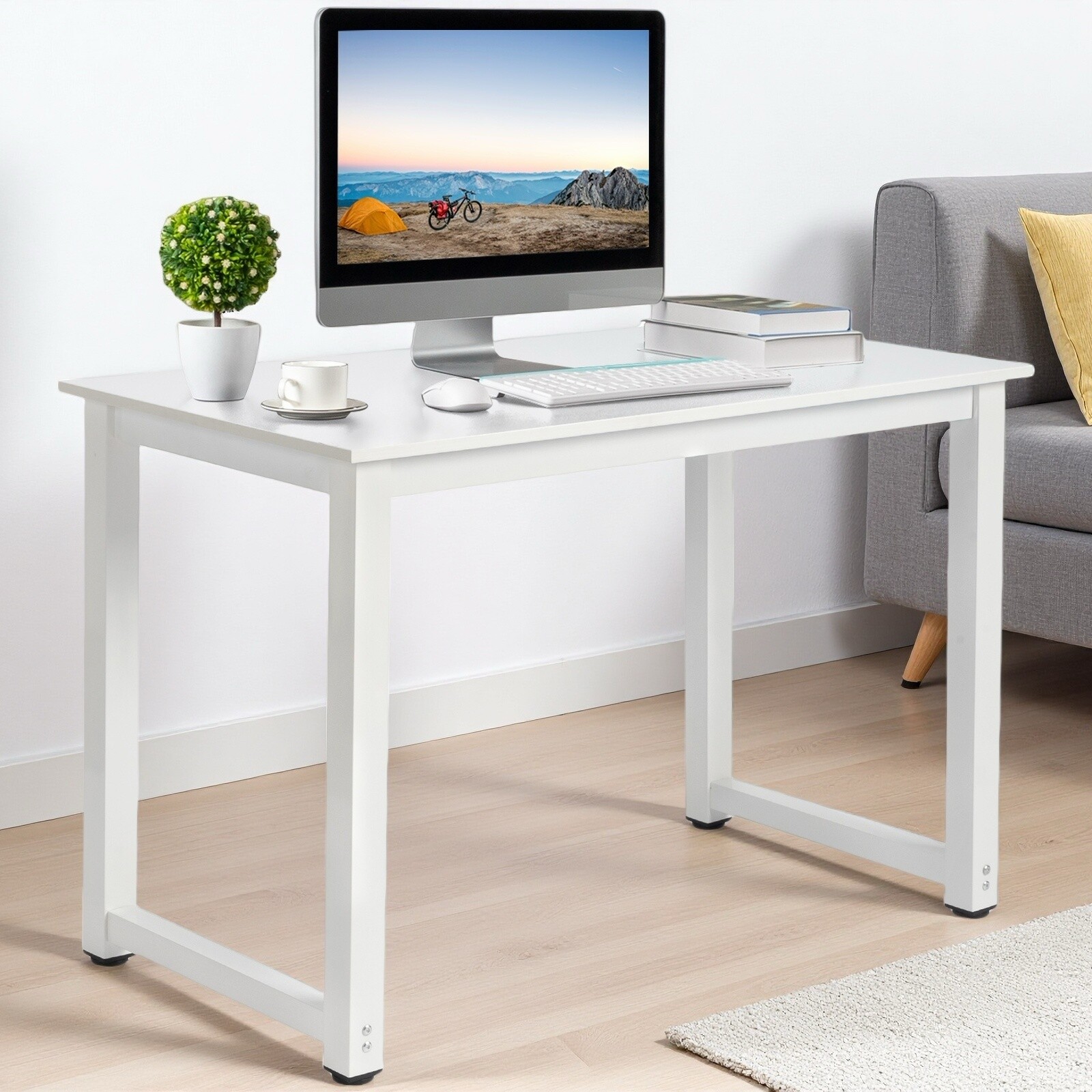 Simple Computer Desk - Portable, White, Steel White Frame & Adjustable Foot Pad