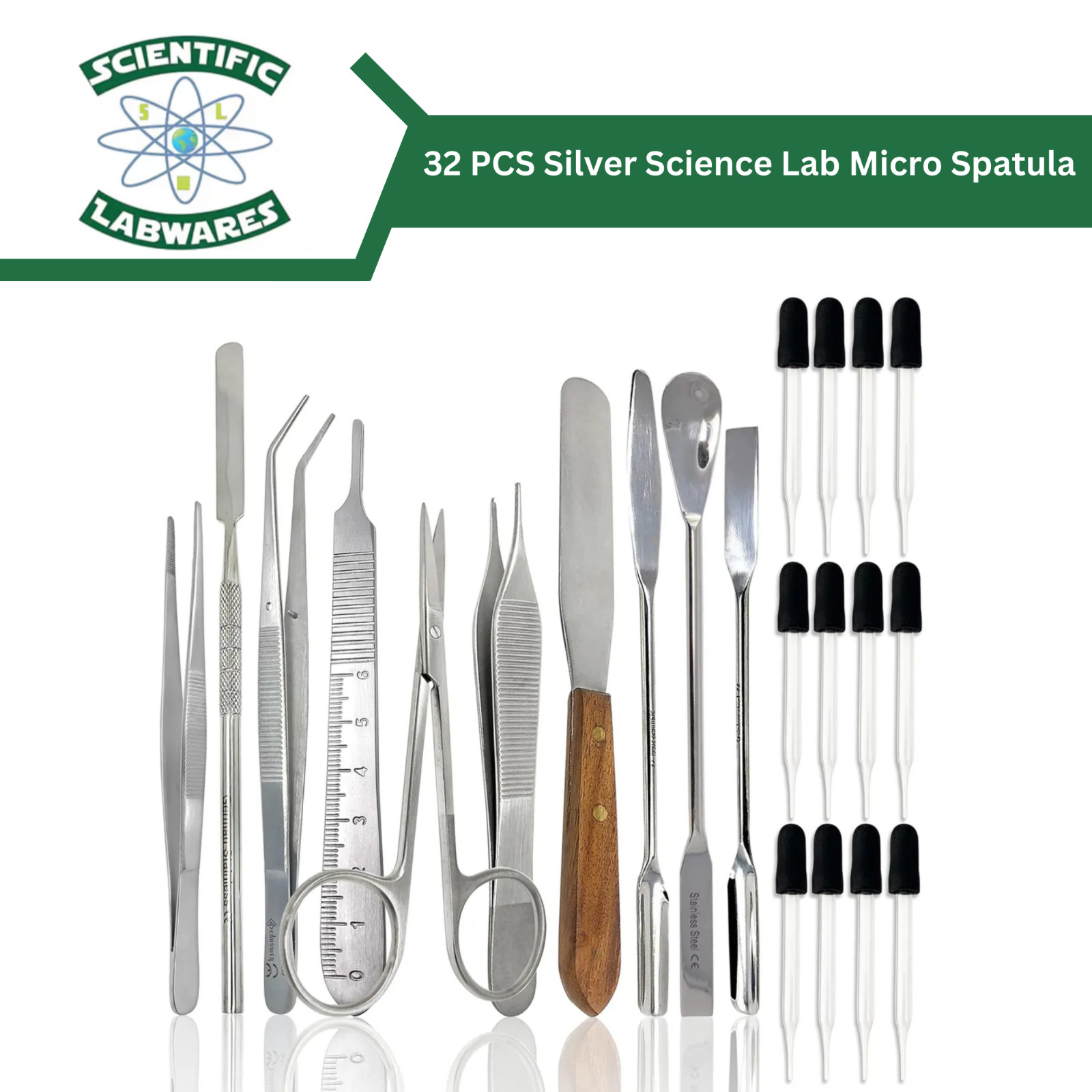Scientific Labwares 32 PCS Silver Science Lab Micro Spatula Tweezer Sampler Set