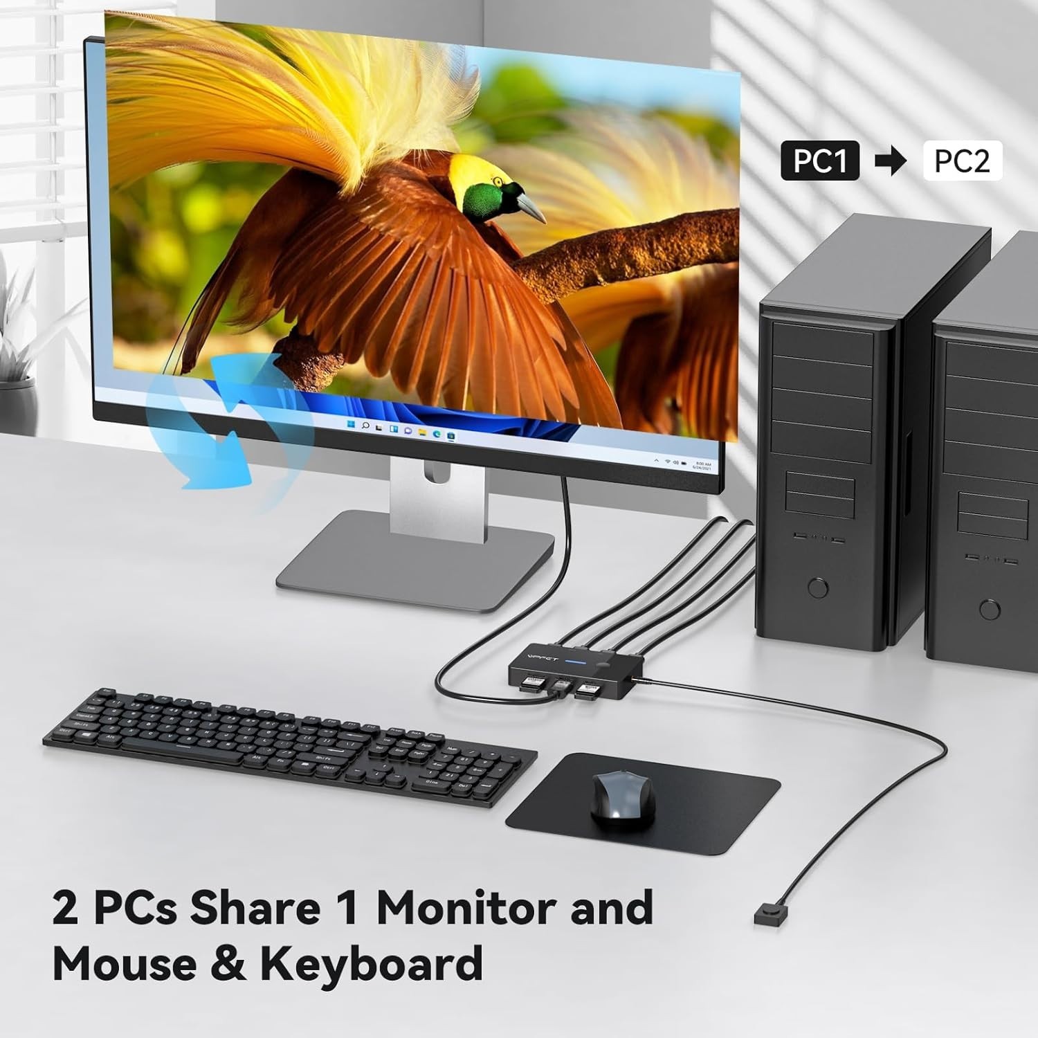 USB KVM Switch 4K@60Hz - Effortlessly Control 2 PCs with Compact Desktop Remote