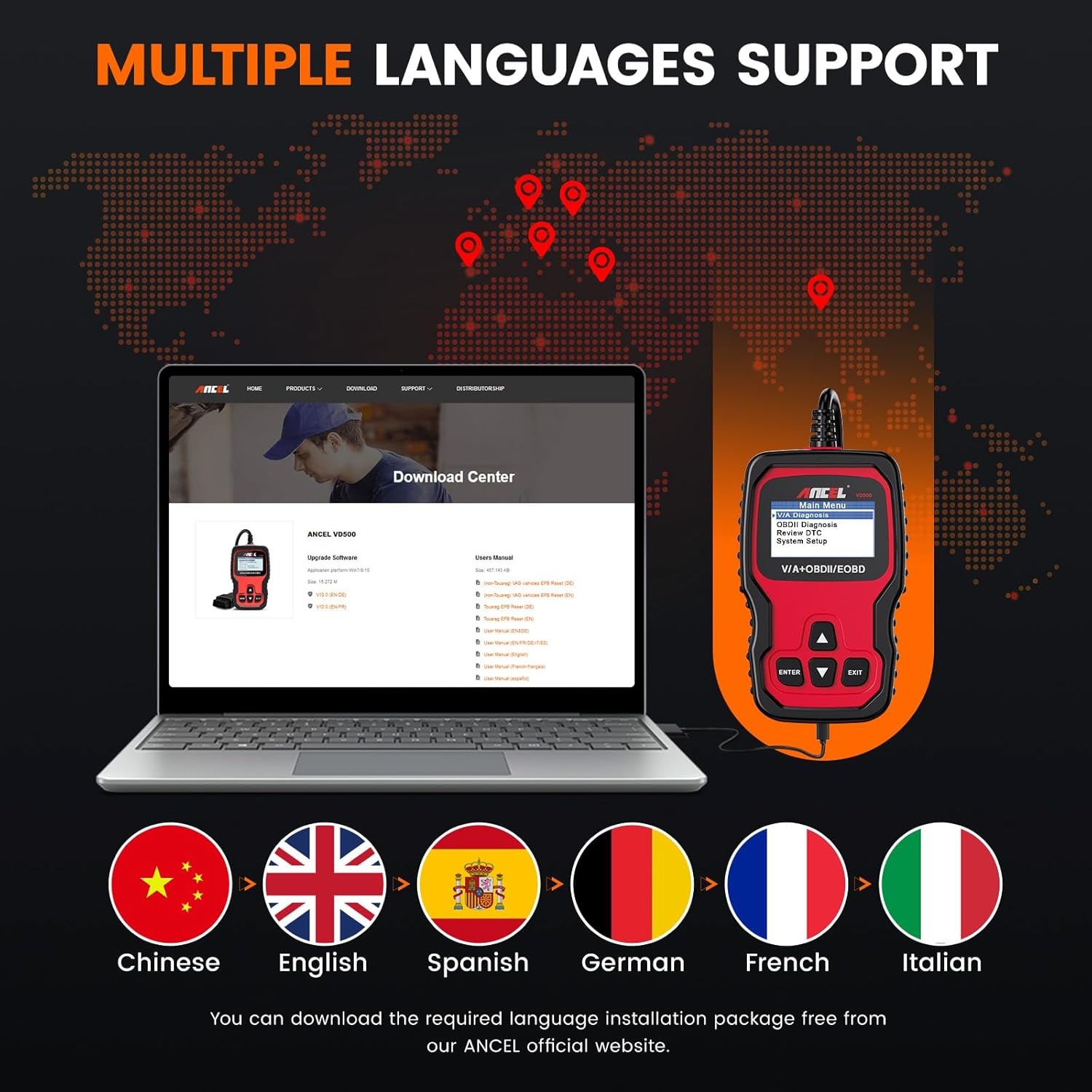 ANCEL VD500-US OBD2 Scanner Code Reader ABS SRS EPB Oil Diagnostic Tool For VAG
