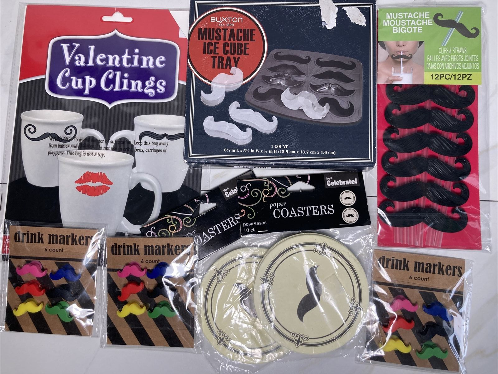 Mustache Ice Cube Tray Coasters Clips Drink Markers Clings