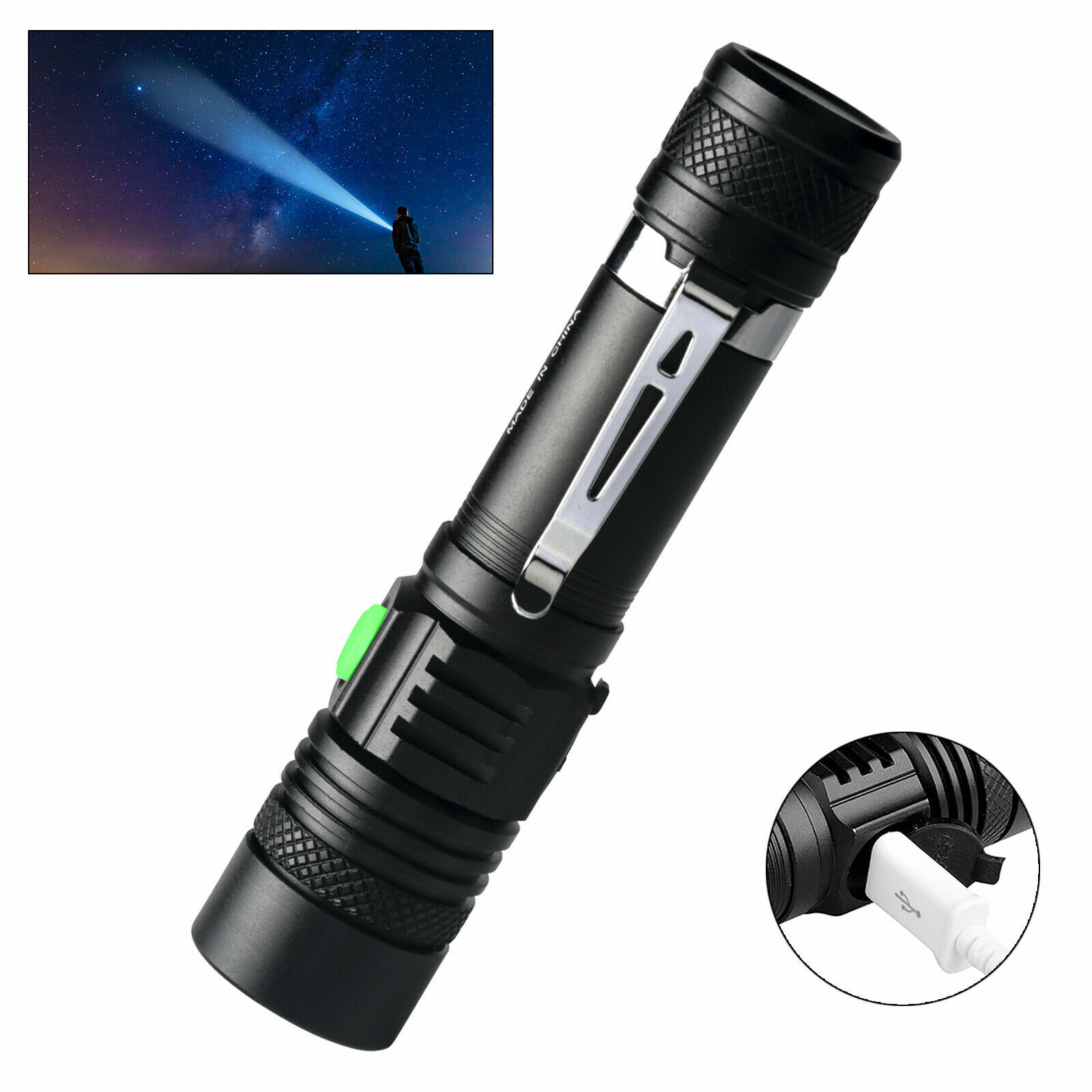 2 PACK Bright Flashlight 3Modes Rechargeable USB LED Tactical Zoomable Torch