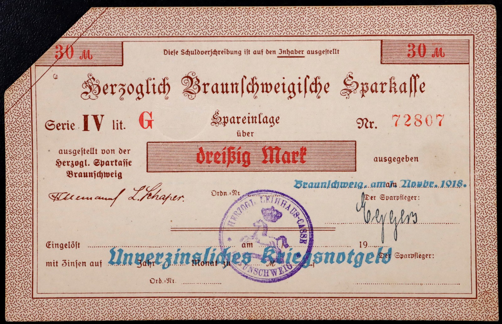 BRAUNSCHWEIG 1918 "Herzoglich Braunschweigische Sparkasse" 30 Mark Grossnotgeld